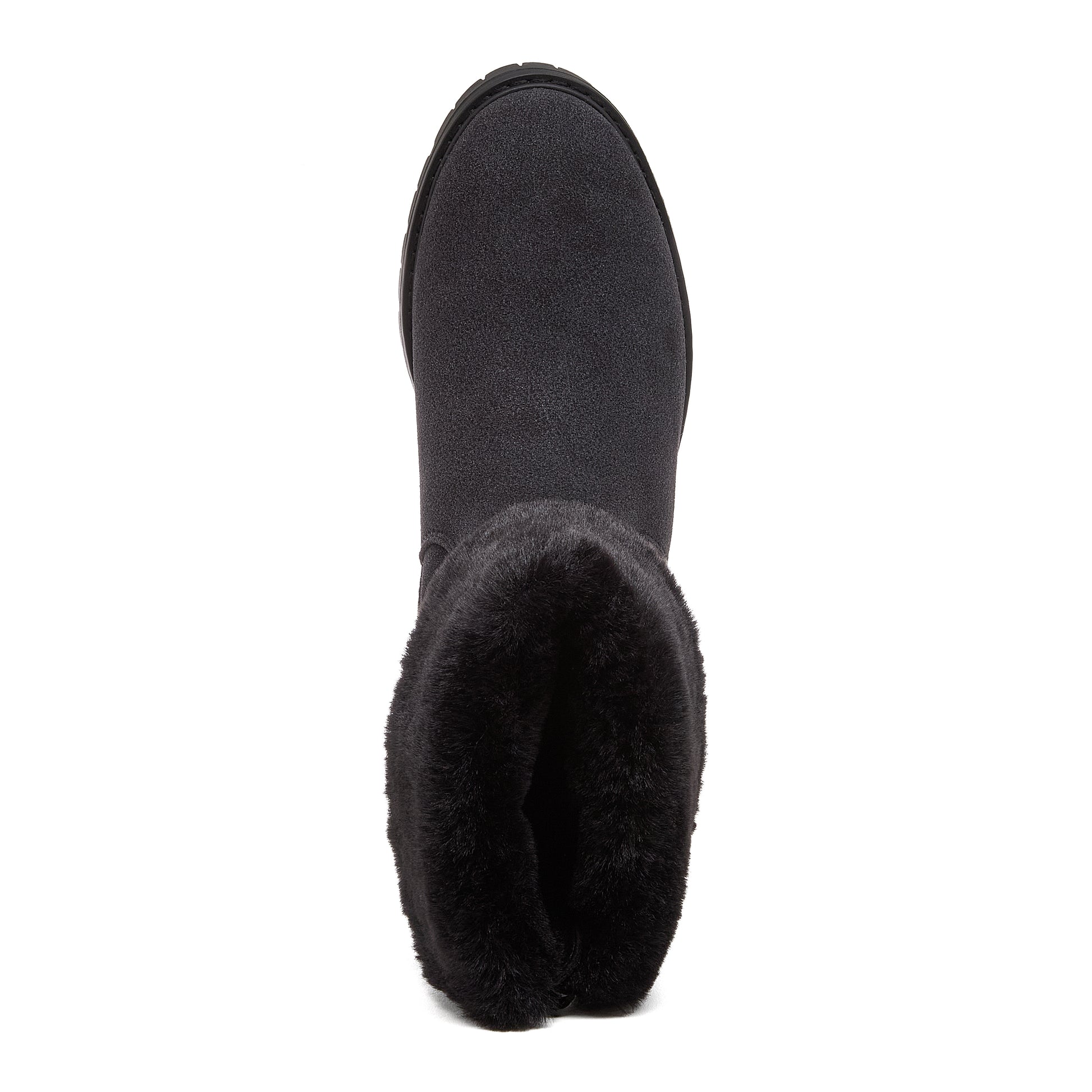Niche Black Cuffed Boots top view showing rounded toe, open cuff and faux fur trim