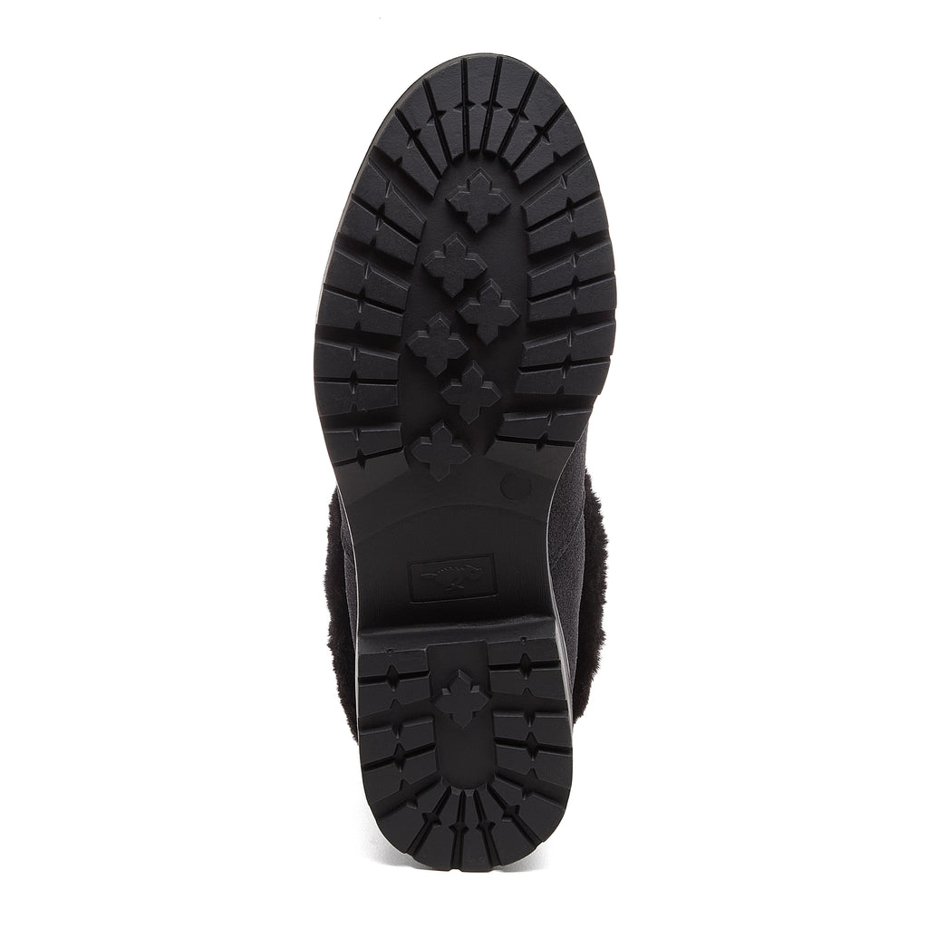 Niche Black Cuffed Boots sole view showing black tread pattern and low heel