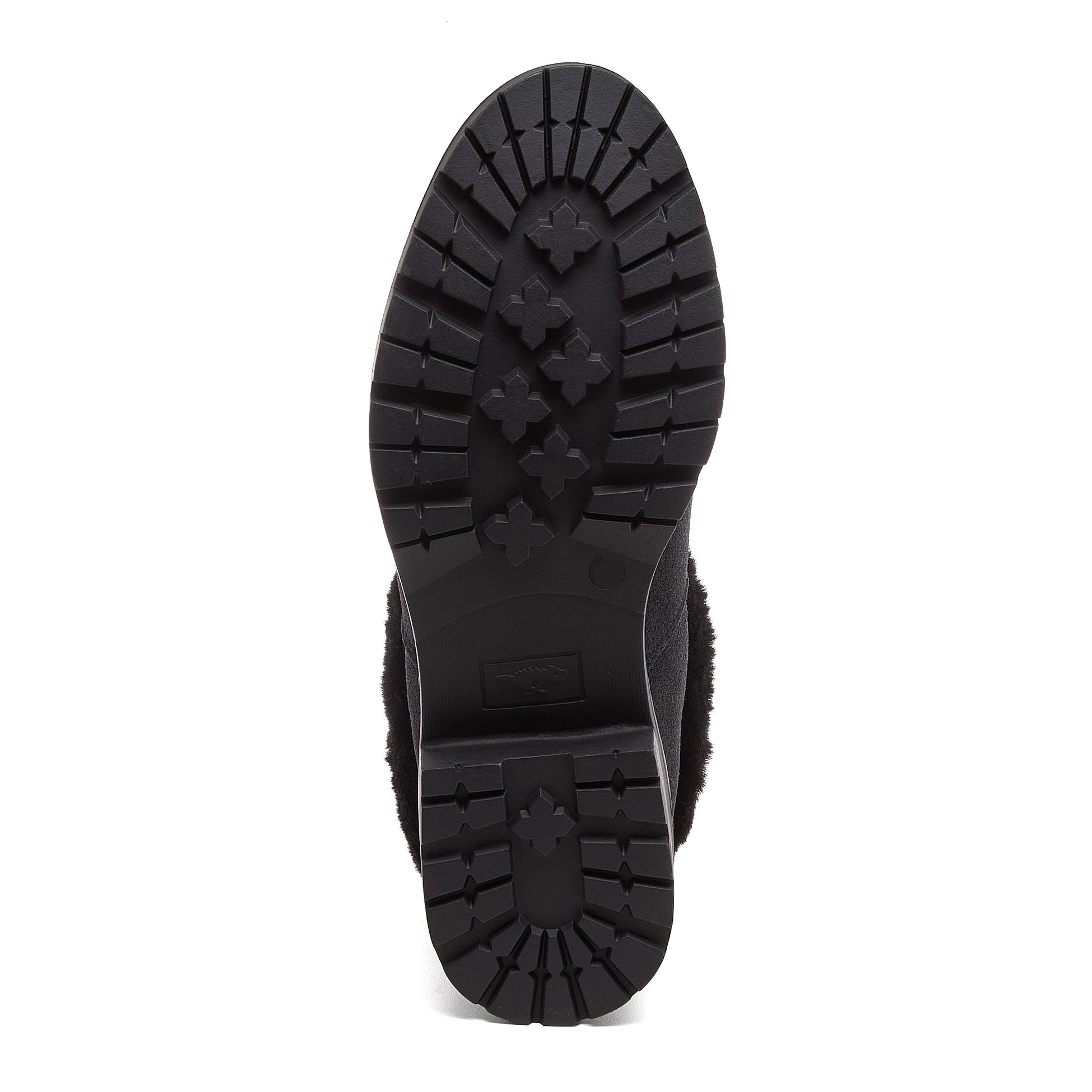 Niche Black Cuffed Boots sole view showing black tread pattern and low heel