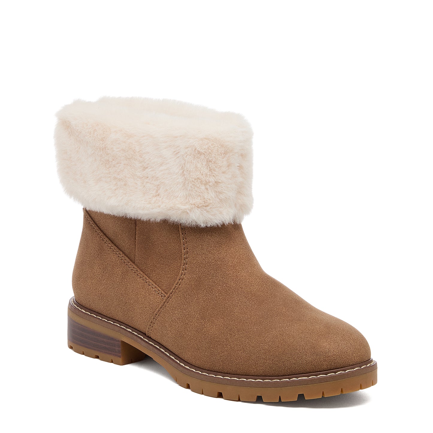 Niche Brown Cuffed Boots front view showing folded faux fur cuff, rounded toe and treaded sole