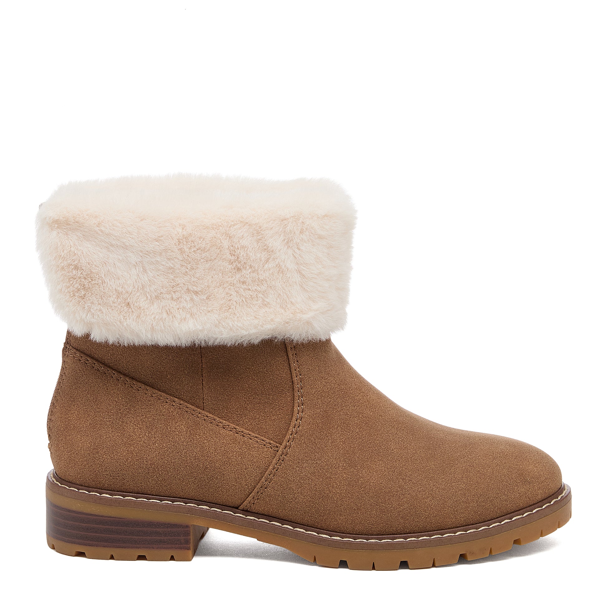 Niche Brown Cuffed Boots side view with folded faux fur cuff, stitched panels and low block heel