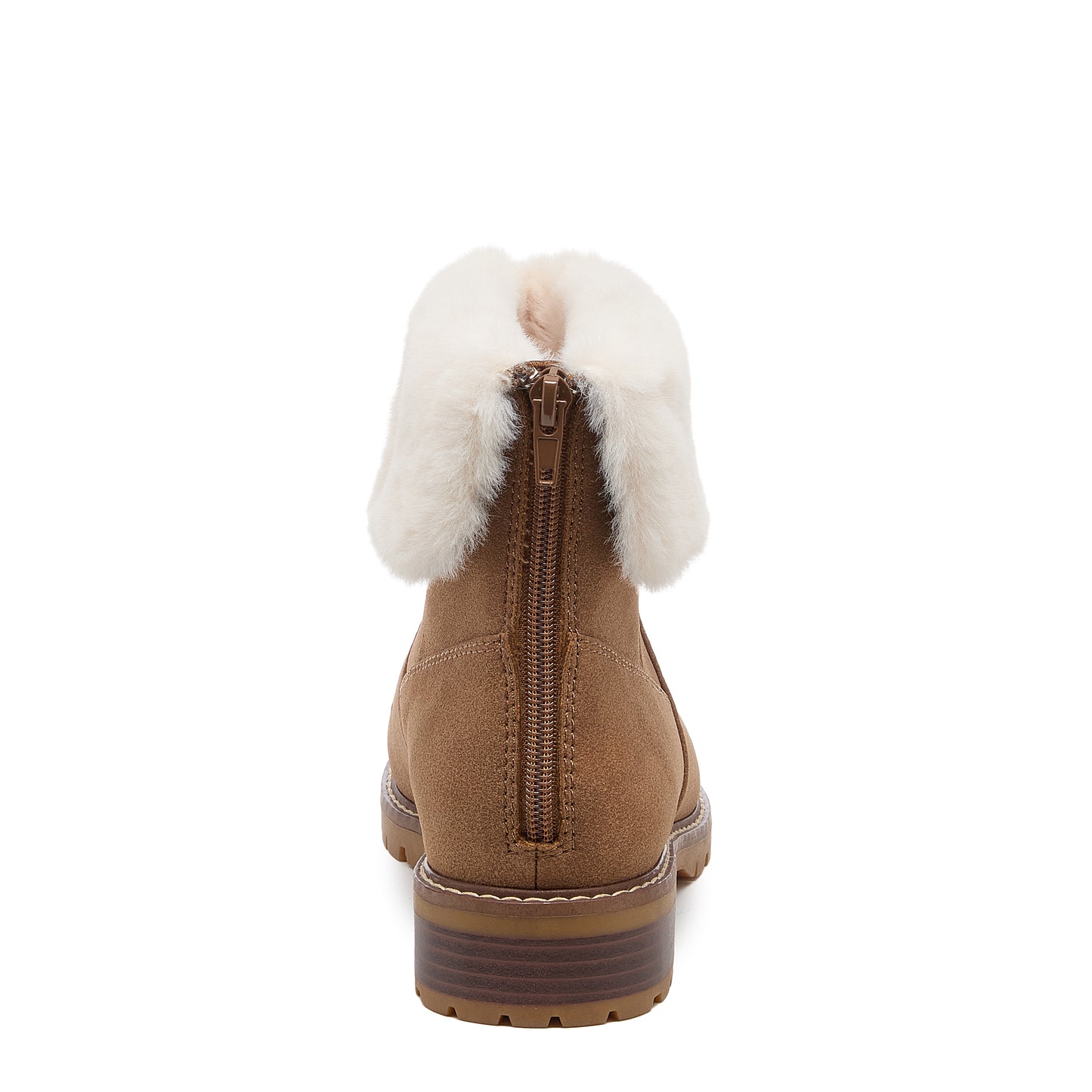 Niche Brown Cuffed Boots back view showing brown back zip and folded faux fur cuff