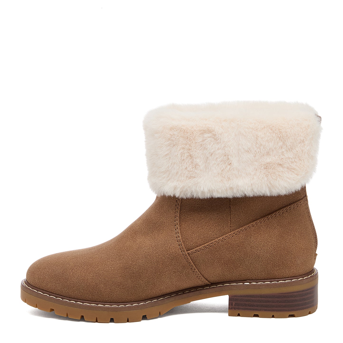 Niche Brown Cuffed Boots side view with folded faux fur cuff and stitched upper panels