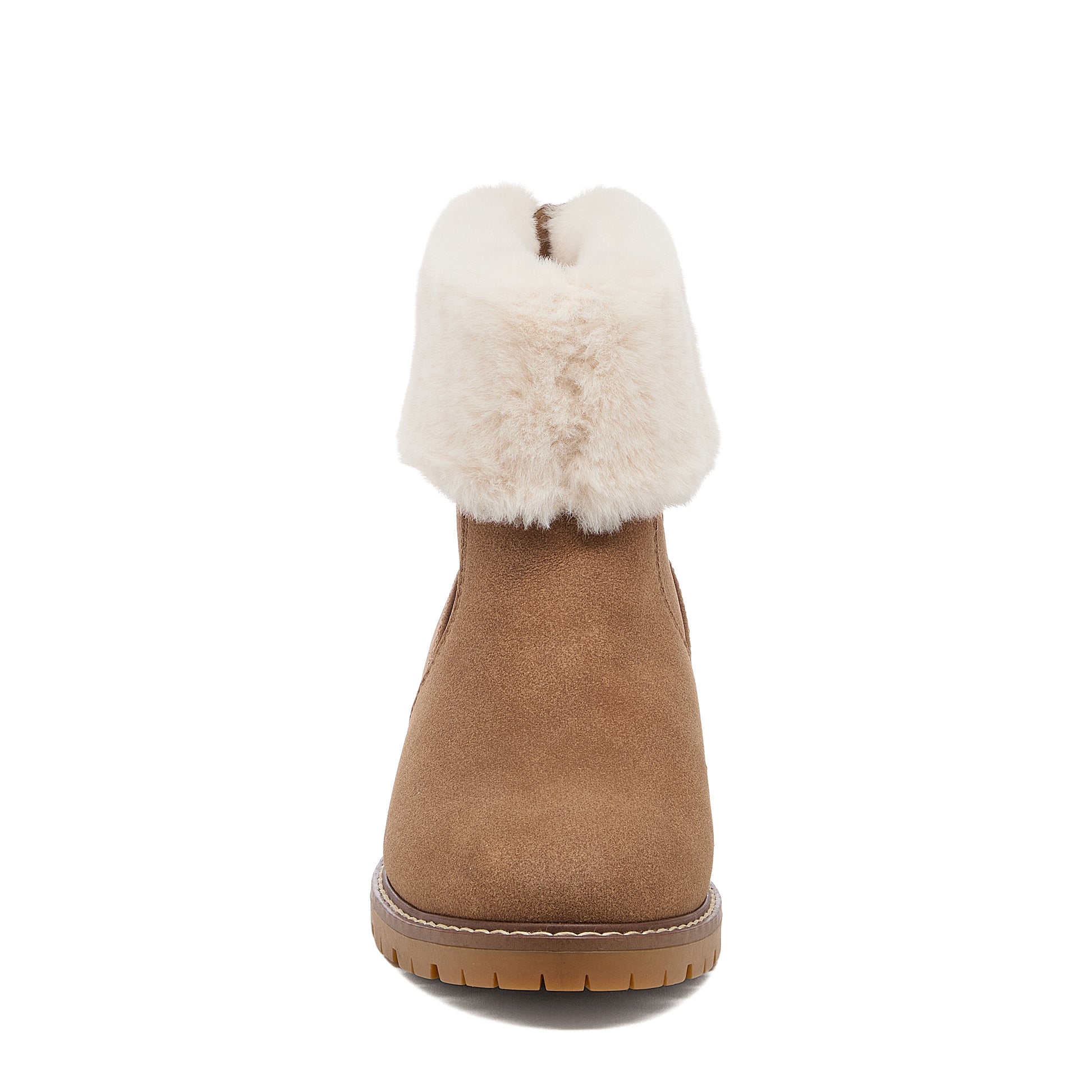 Niche Brown Cuffed Boots front view showing folded faux fur cuff, rounded toe and treaded sole