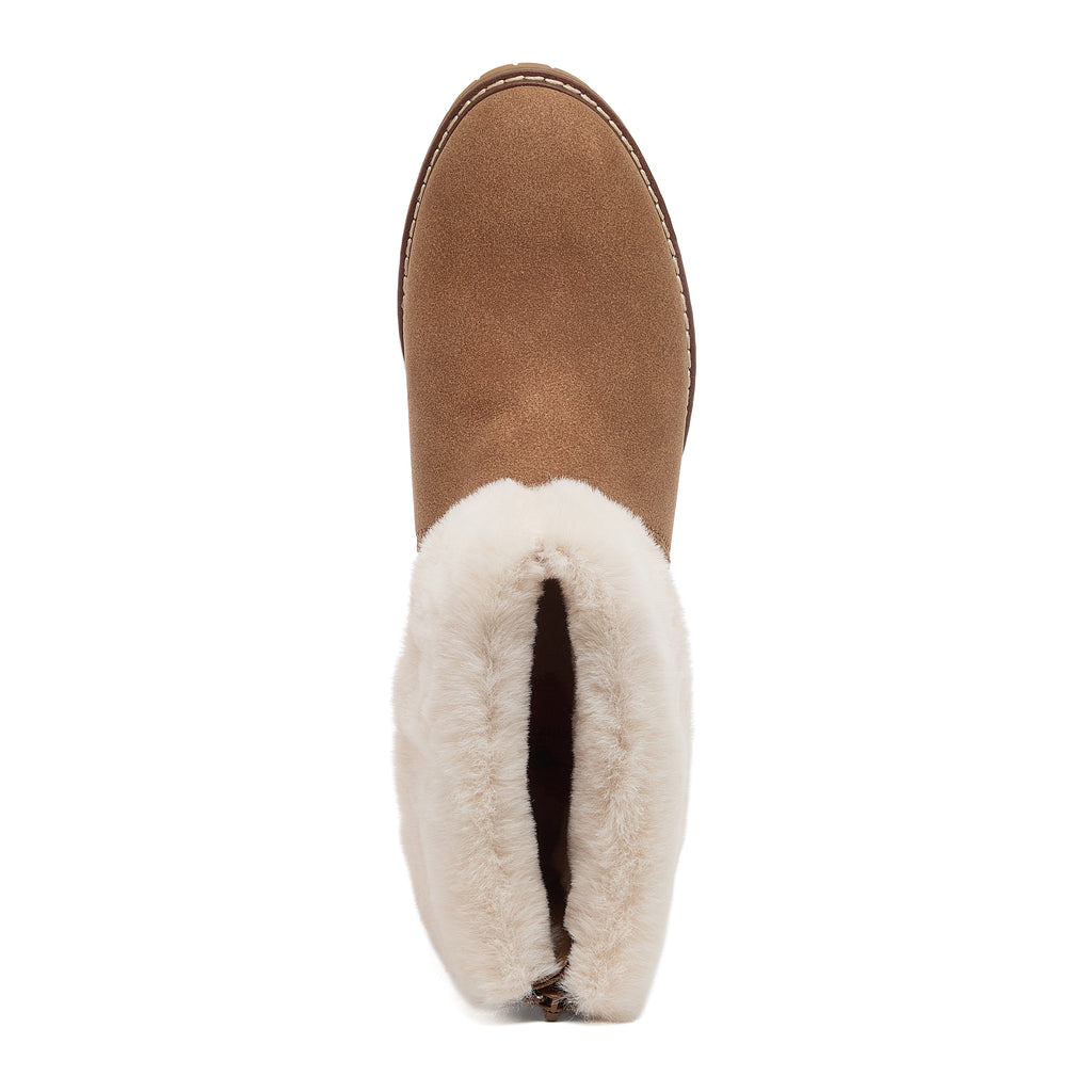 Niche Brown Cuffed Boots top view showing rounded toe and faux fur cuff opening