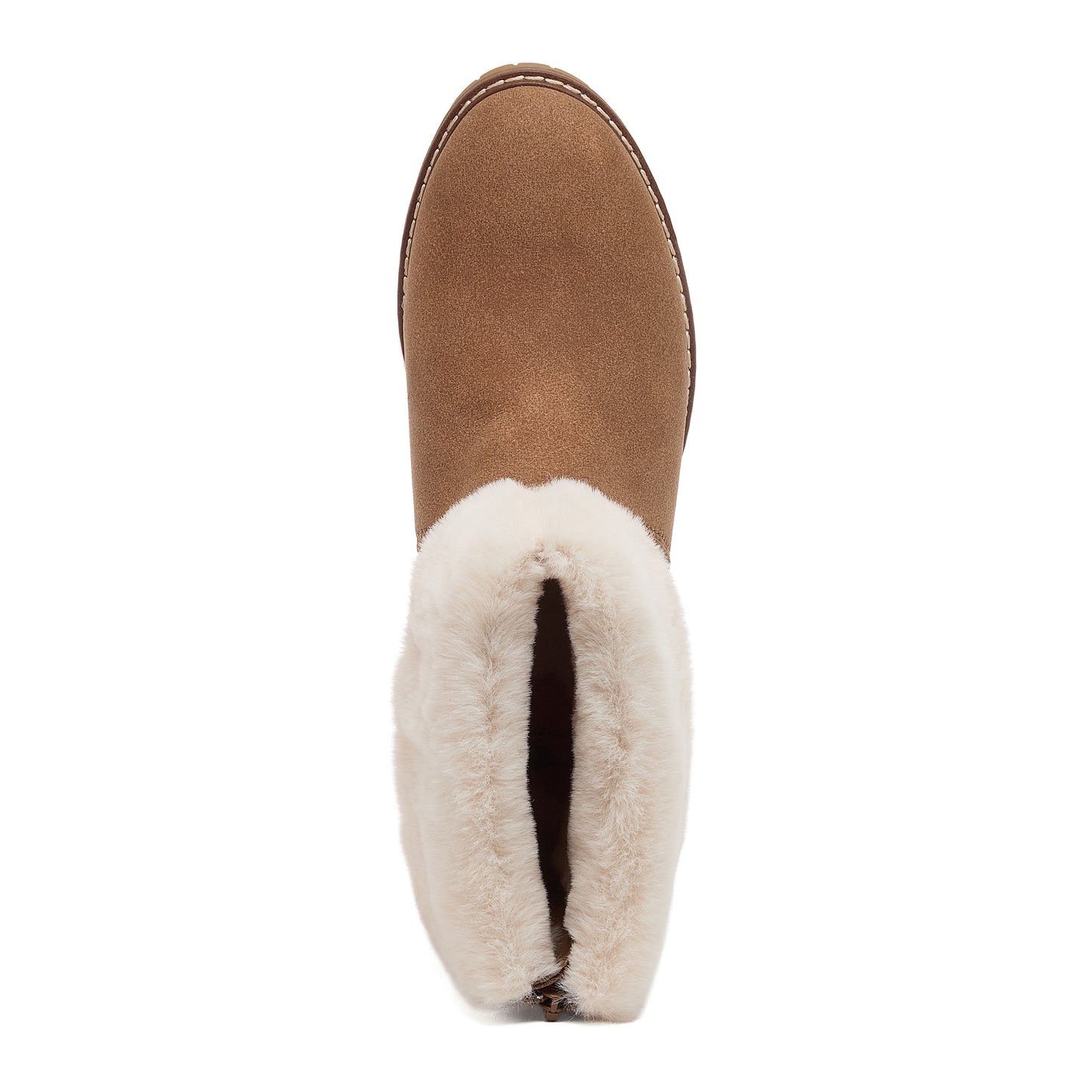Niche Brown Cuffed Boots top view showing rounded toe and faux fur cuff opening