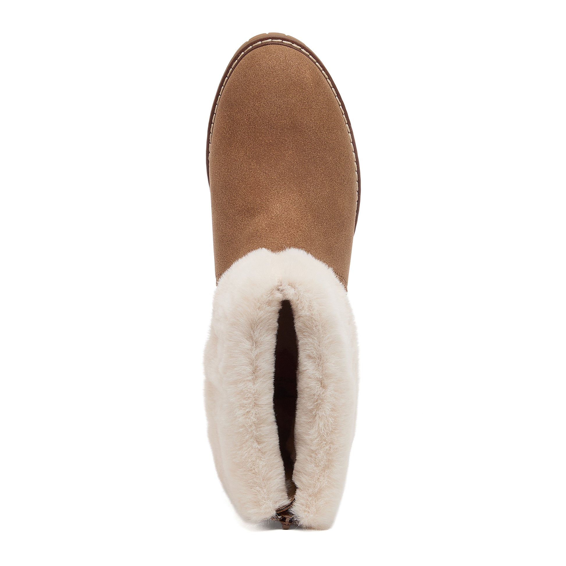 Niche Brown Cuffed Boots top view showing rounded toe and faux fur cuff opening