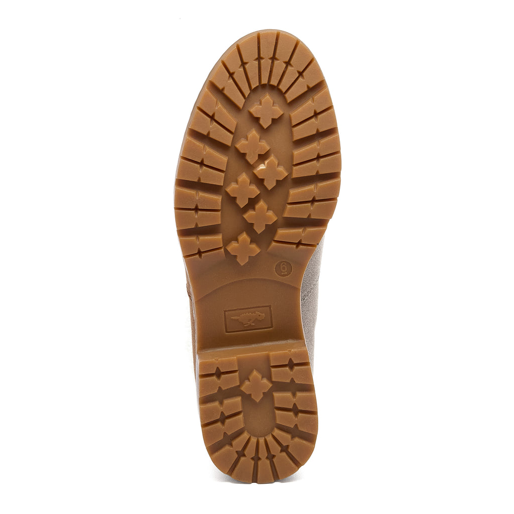 Niche Brown Cuffed Boots sole view showing brown treaded sole and Rocket Dog logo detail