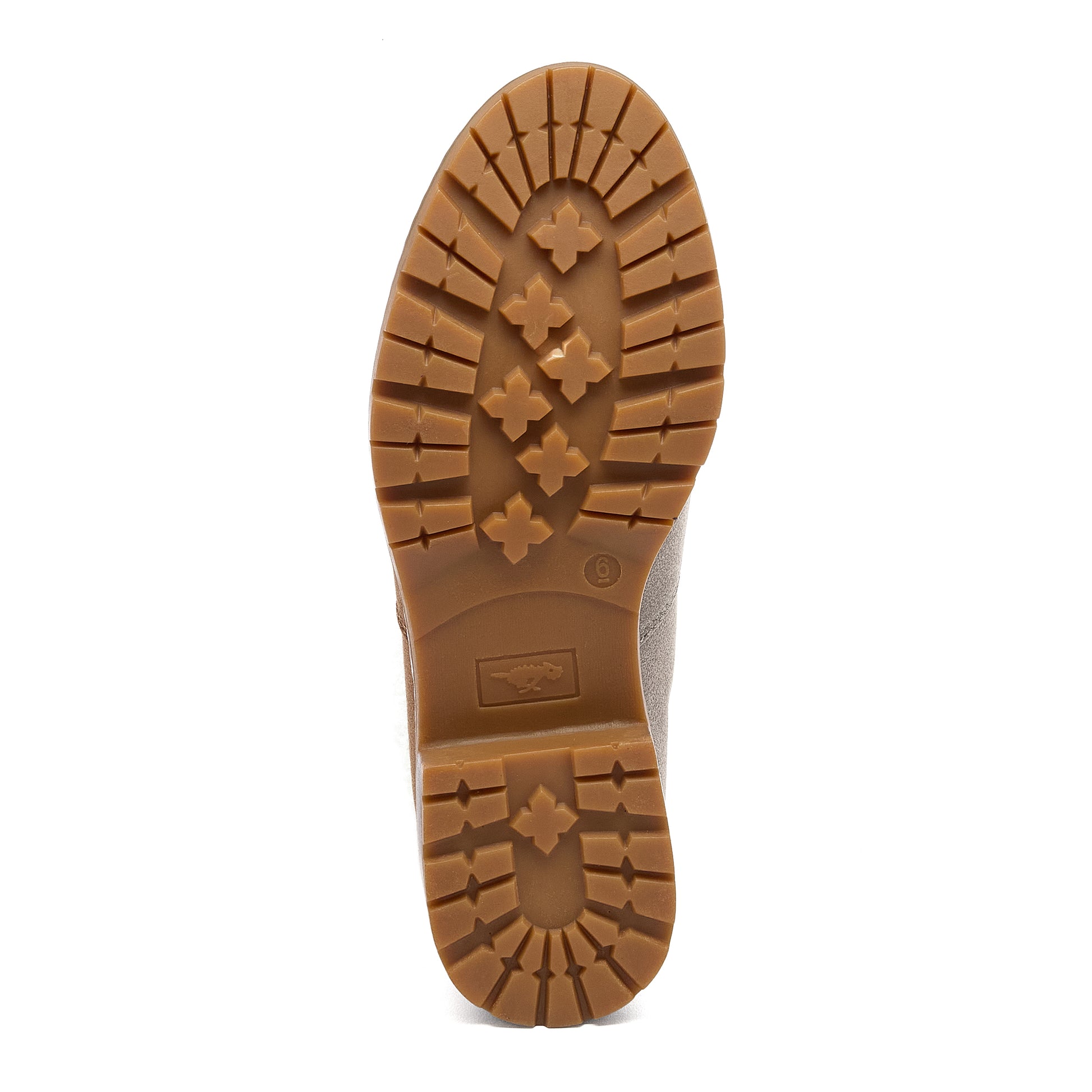 Niche Brown Cuffed Boots sole view showing brown treaded sole and Rocket Dog logo detail