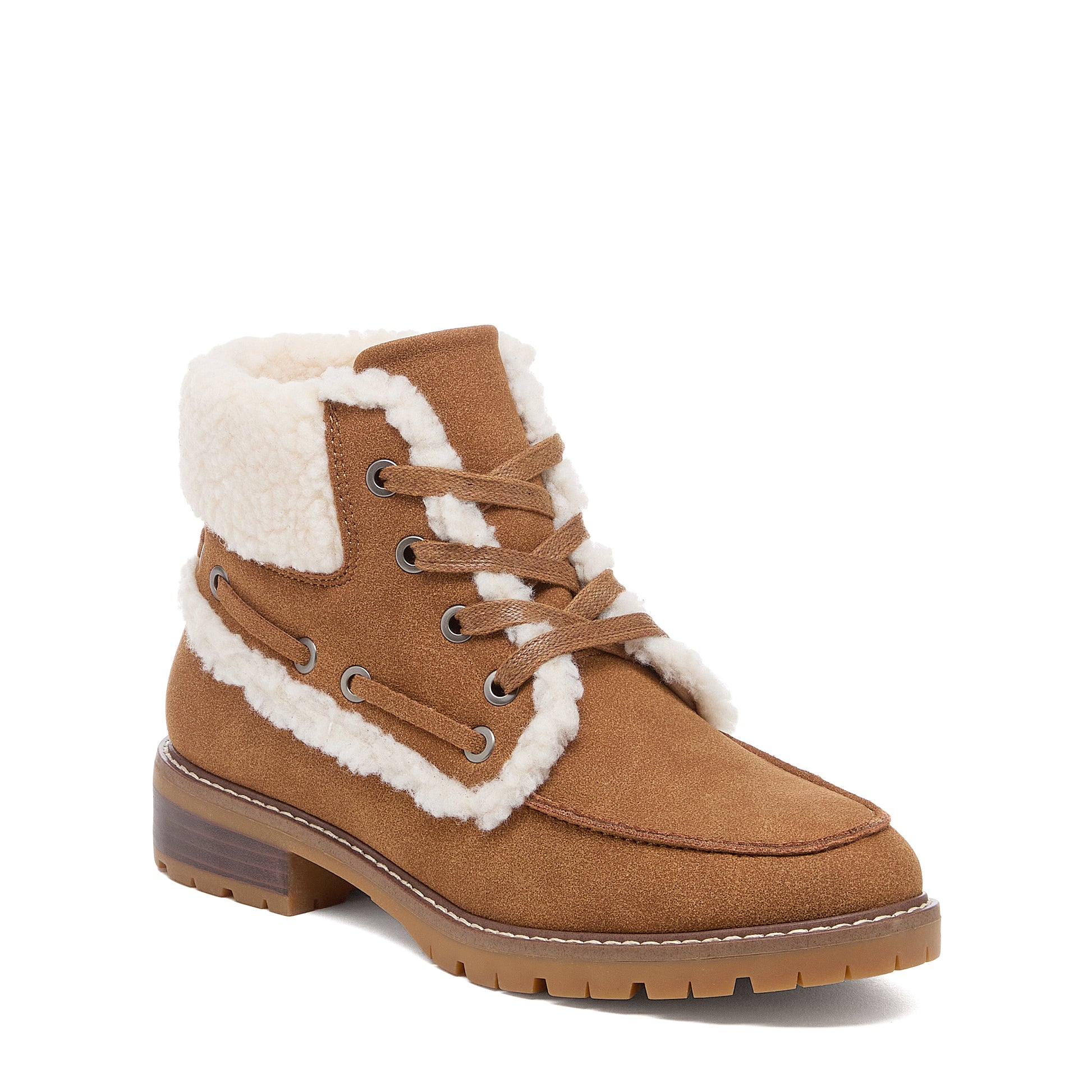 Nixie Tan Boots in cognac, front angled view of lace-up boots with cream textured trim and metal eyelets