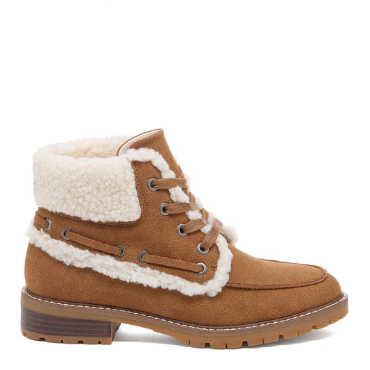 Nixie Tan Boots in cognac, outer side view showing cream cuff, brown laces and low heel