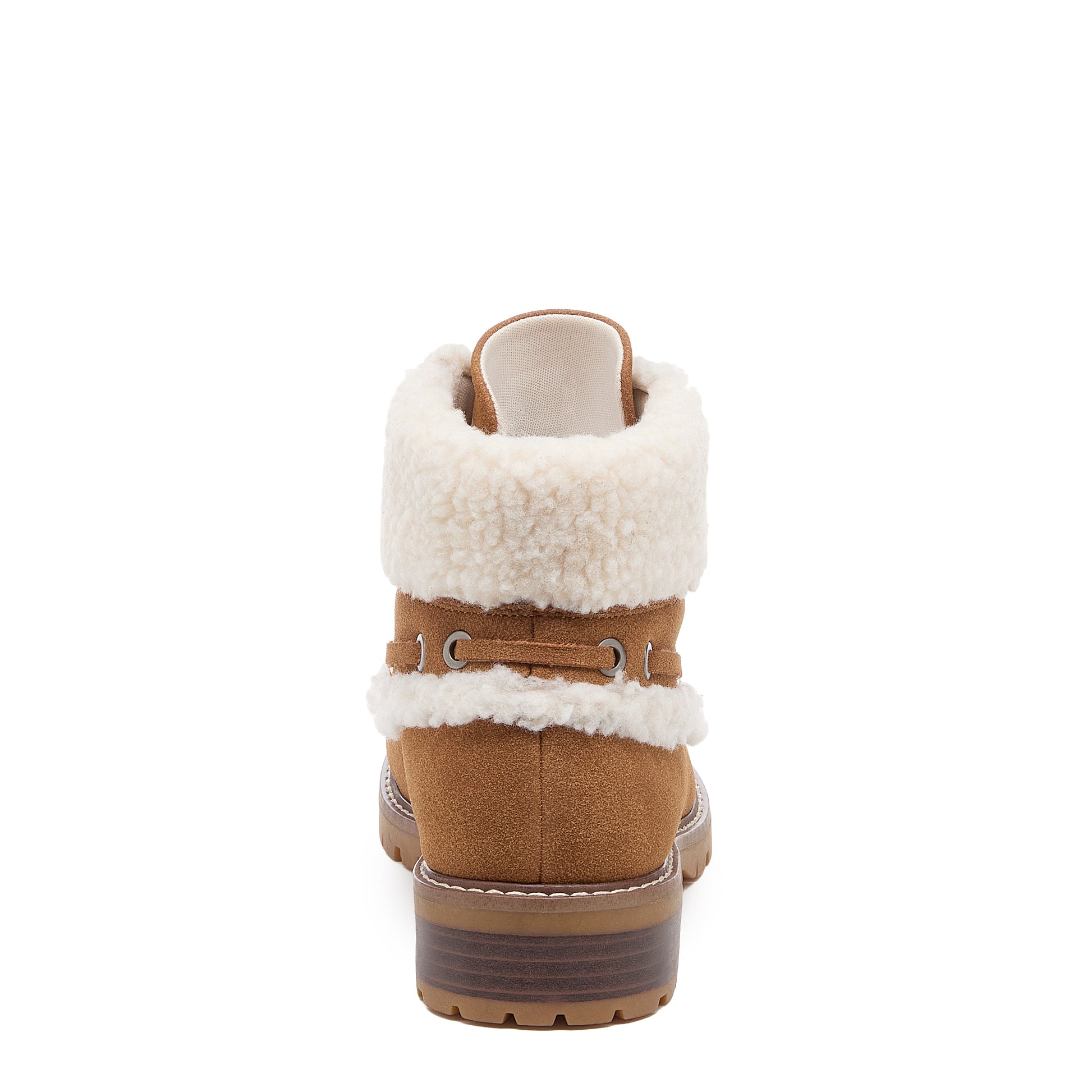 Nixie Tan Boots in cognac, back view showing cream textured cuff, heel and rear lace detail
