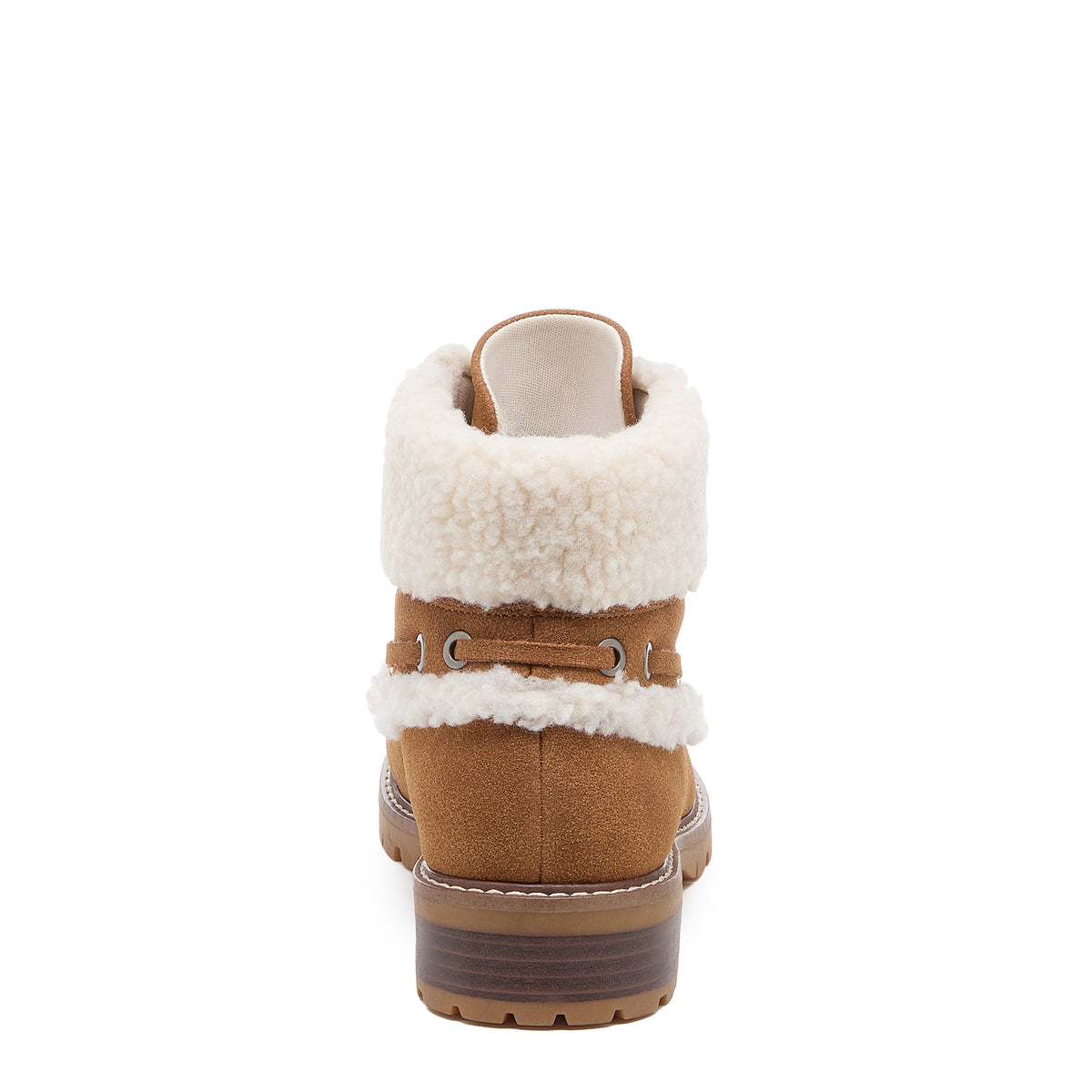 Nixie Tan Boots in cognac, back view showing cream textured cuff, heel and rear lace detail