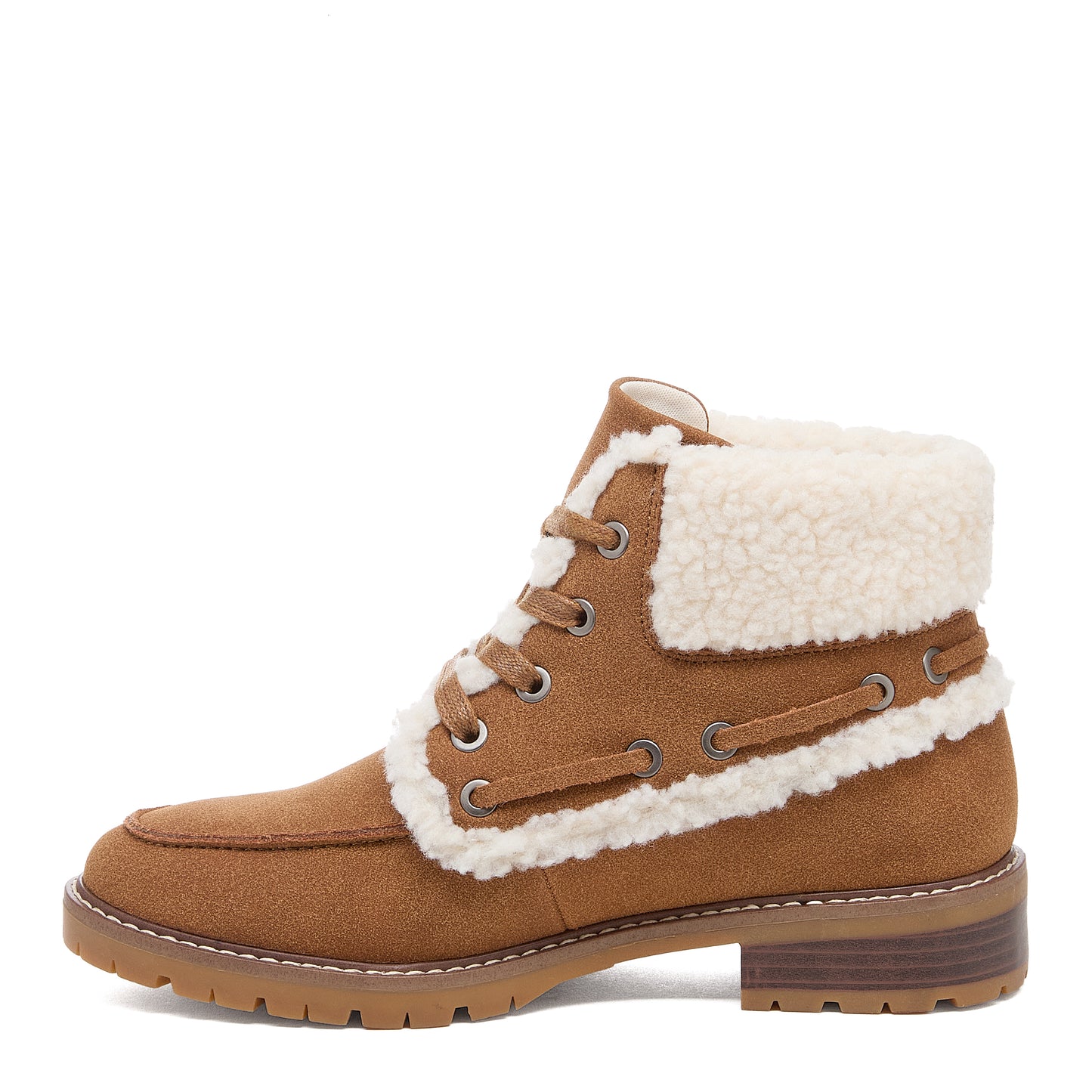 Nixie Tan Boots in cognac, side view showing cream textured cuff, lace detail and treaded sole