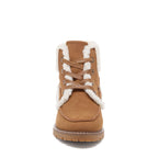 Nixie Tan Boots in cognac, front view of lace-up boots with cream textured trim and brown laces