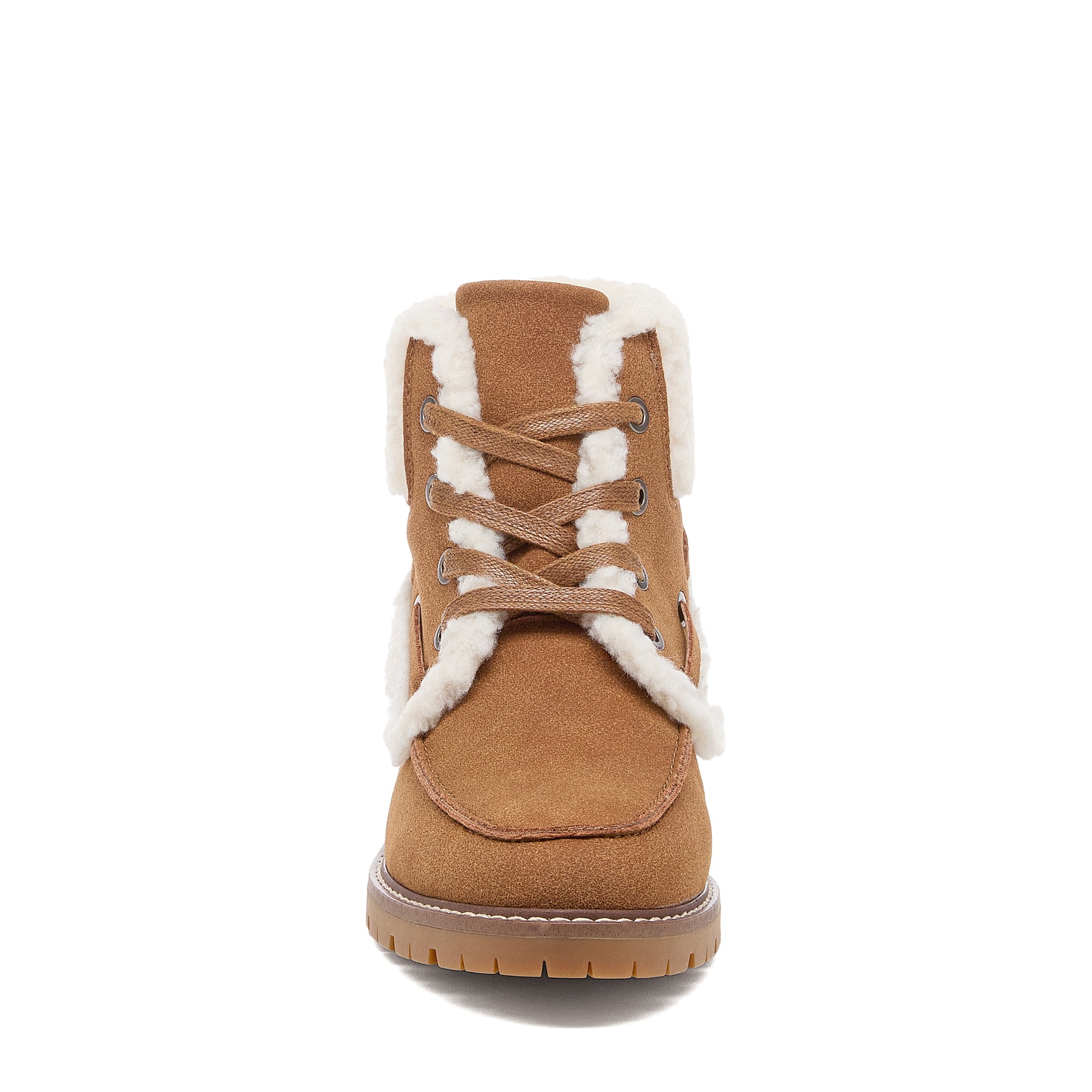 Nixie Tan Boots in cognac, front view of lace-up boots with cream textured trim and brown laces