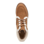 Nixie Tan Boots in cognac, top view showing laces, cream cuff and rounded toe