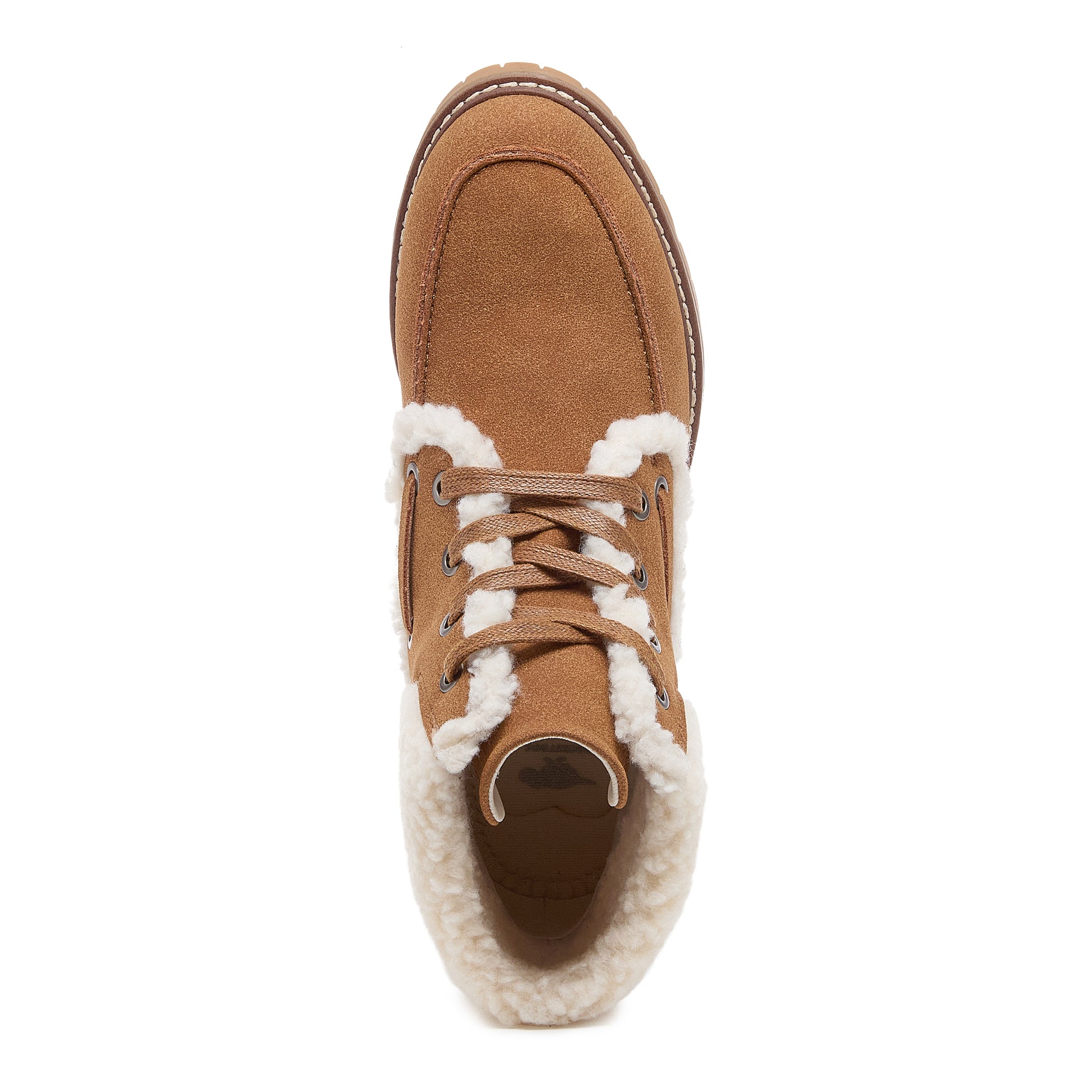 Nixie Tan Boots in cognac, top view showing laces, cream cuff and rounded toe