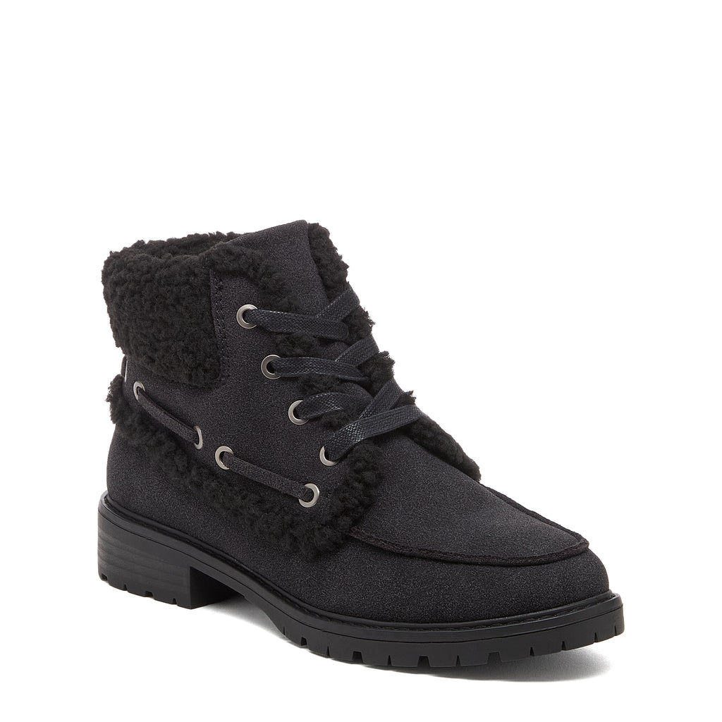 Nixie Black Boots in black, front three-quarter view showing lace-up front, furry textured trim and moc toe stitching.