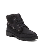 Nixie Black Boots in black, front three-quarter view showing lace-up front, furry textured trim and moc toe stitching.