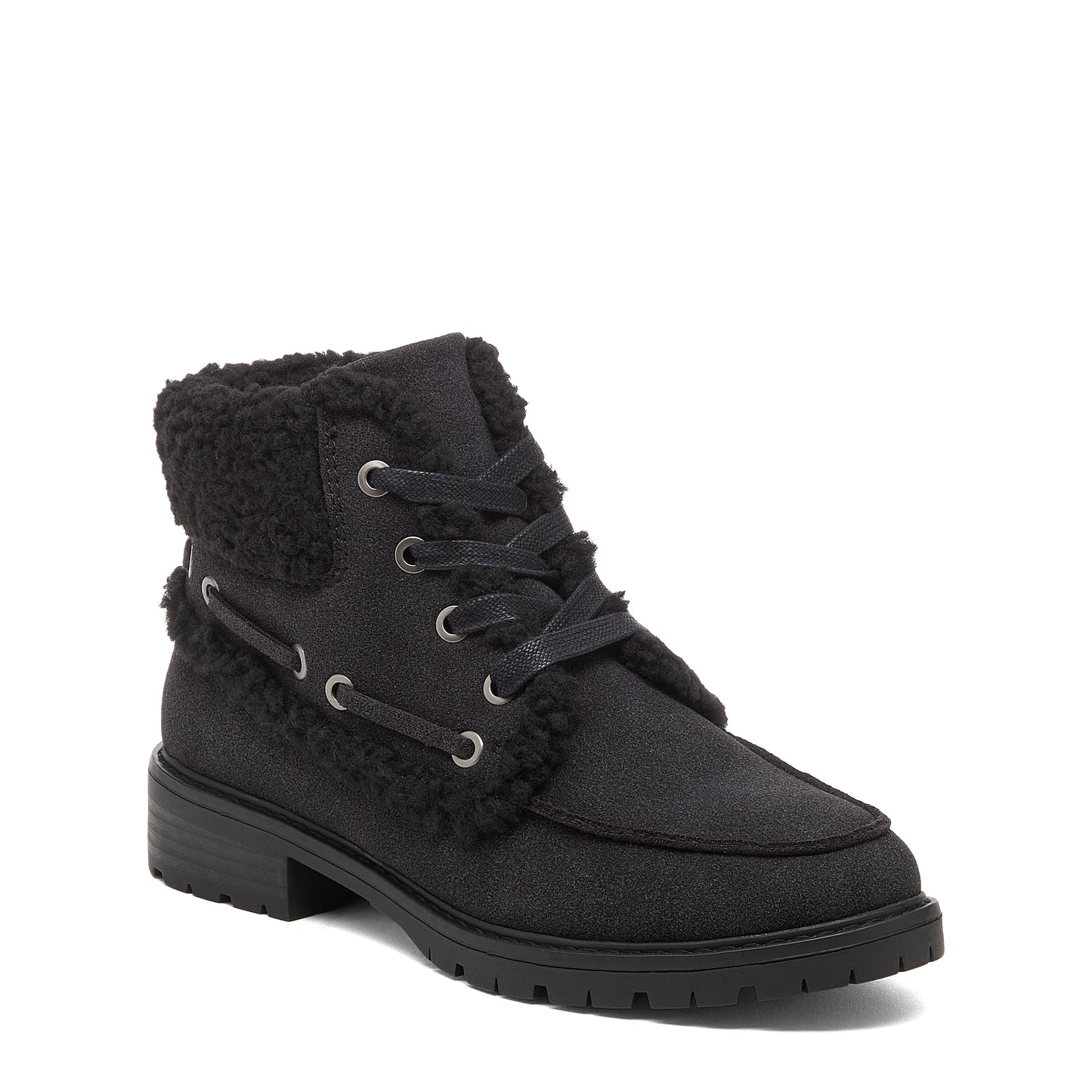 Nixie Black Boots in black, front three-quarter view showing lace-up front, furry textured trim and moc toe stitching.