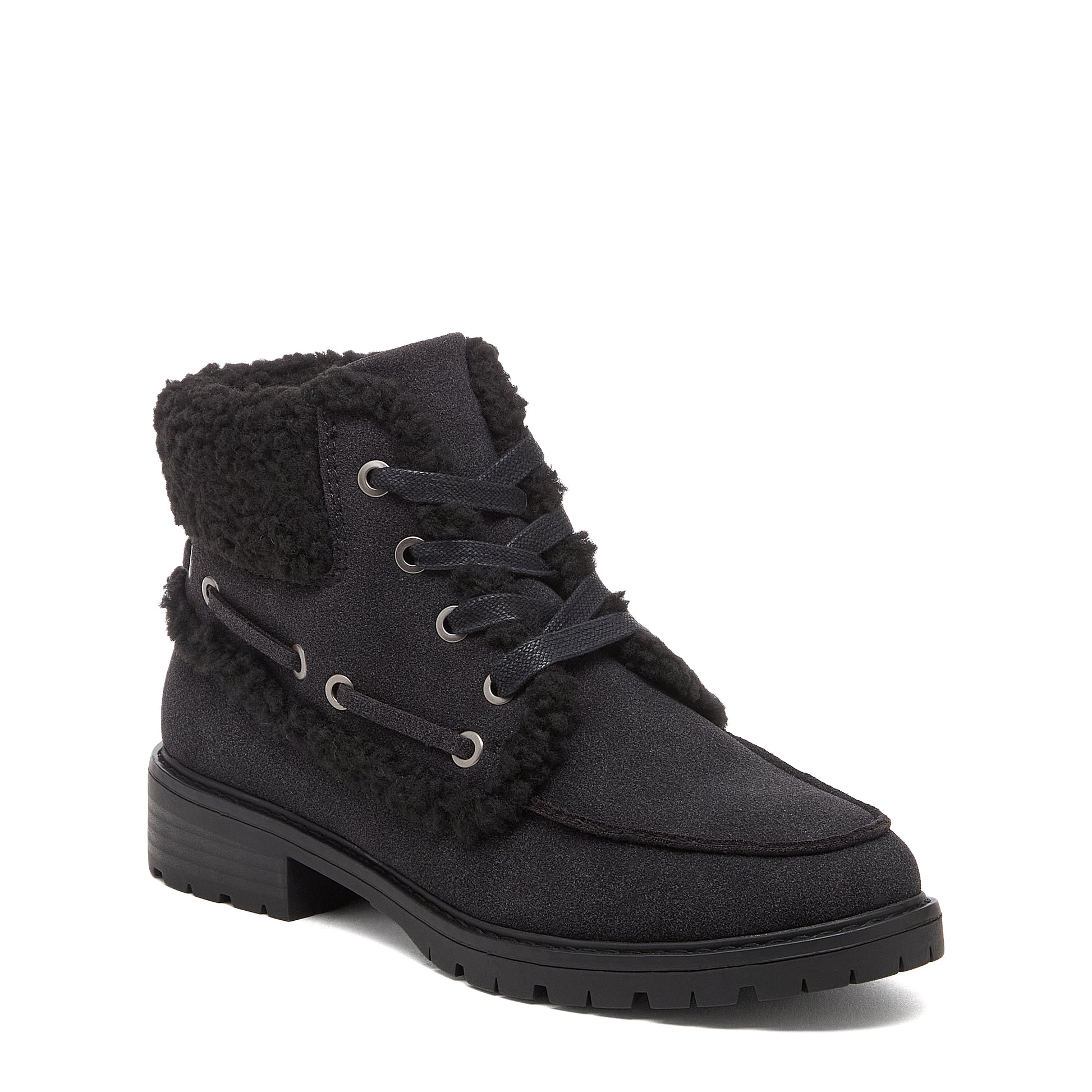 Nixie Black Boots in black, front three-quarter view showing lace-up front, furry textured trim and moc toe stitching.