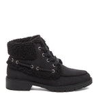 Nixie Black Boots in black, side view showing lace-up front, metal eyelets, furry textured cuff and treaded sole.