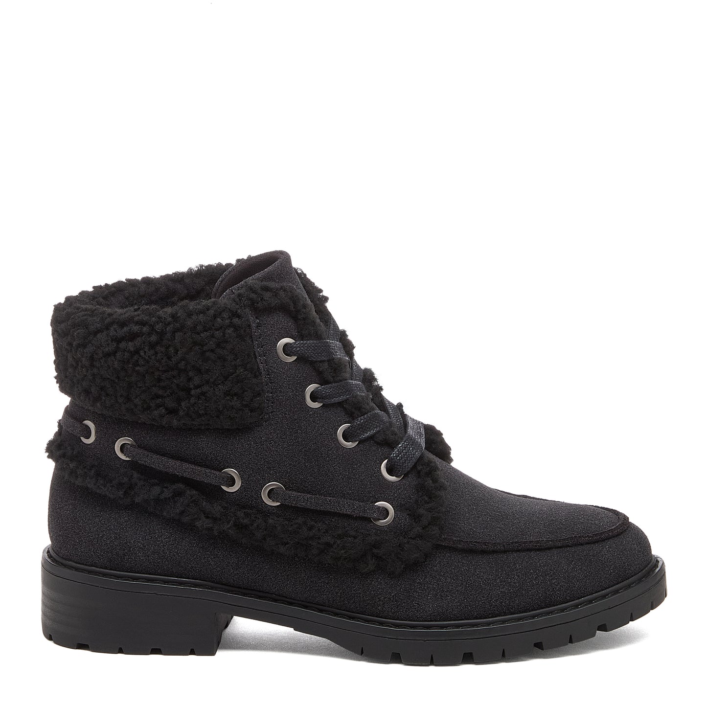 Nixie Black Boots in black, side view showing lace-up front, metal eyelets, furry textured cuff and treaded sole.