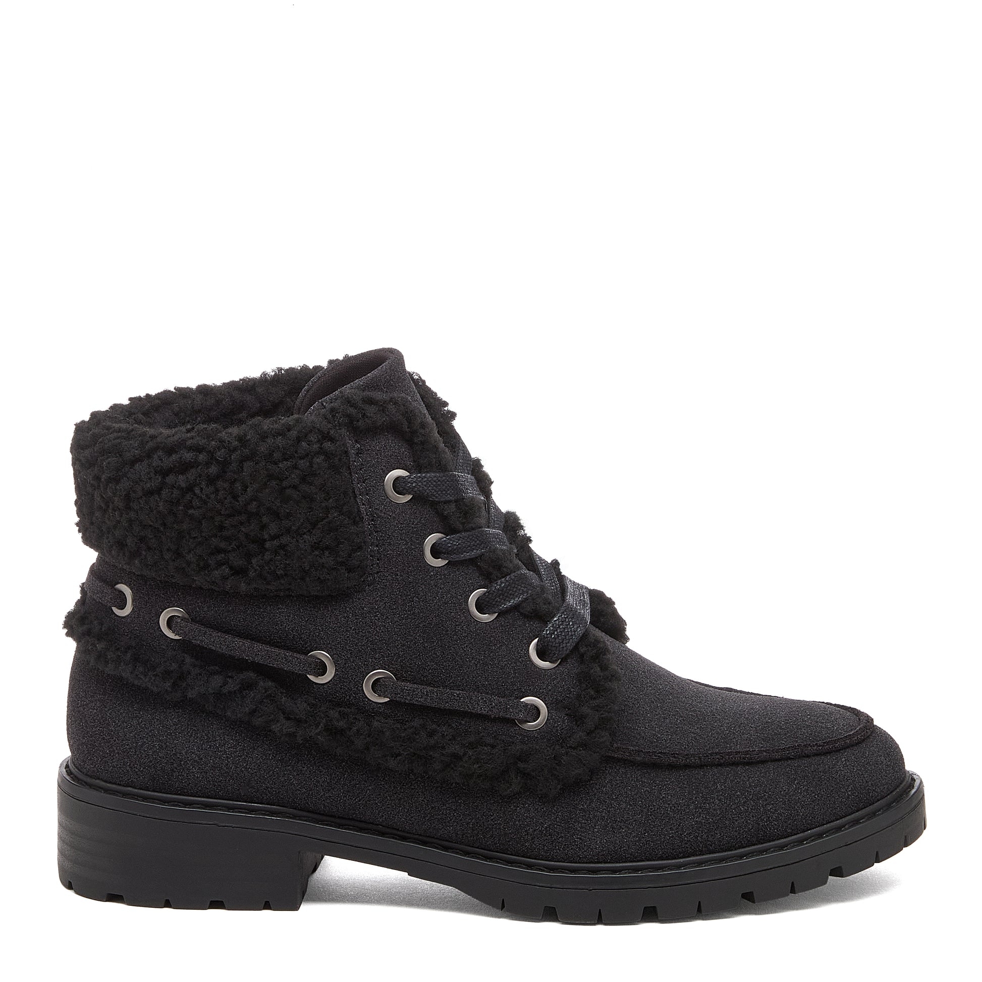 Nixie Black Boots in black, side view showing lace-up front, metal eyelets, furry textured cuff and treaded sole.