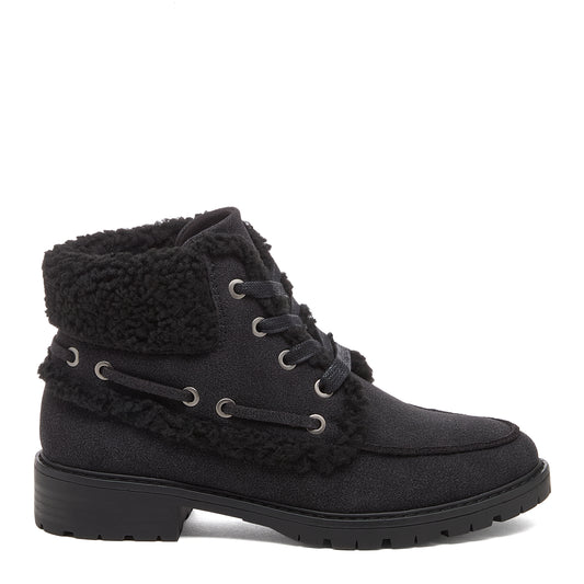 Nixie Black Boots in black, side view showing lace-up front, metal eyelets, furry textured cuff and treaded sole.