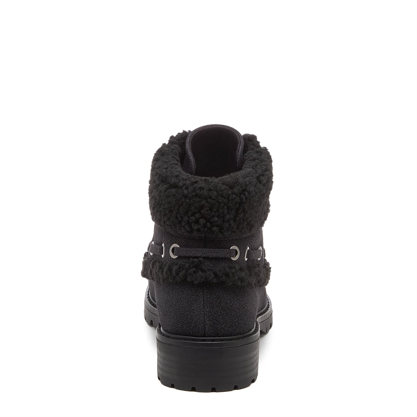 Nixie Black Boots in black, rear view showing furry textured cuff, side lace detail and treaded heel.