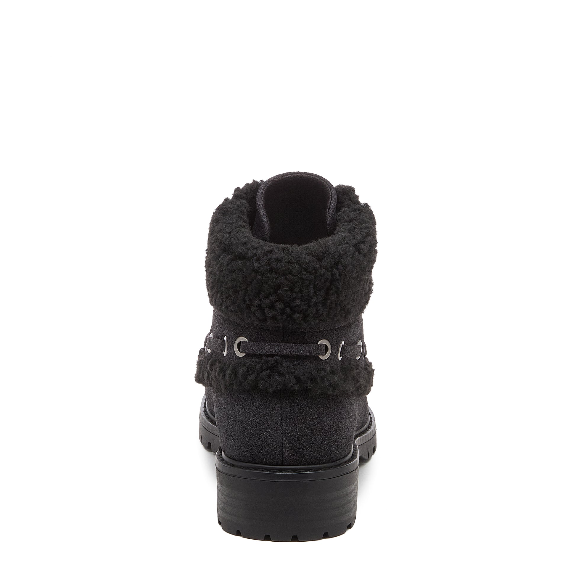 Nixie Black Boots in black, rear view showing furry textured cuff, side lace detail and treaded heel.