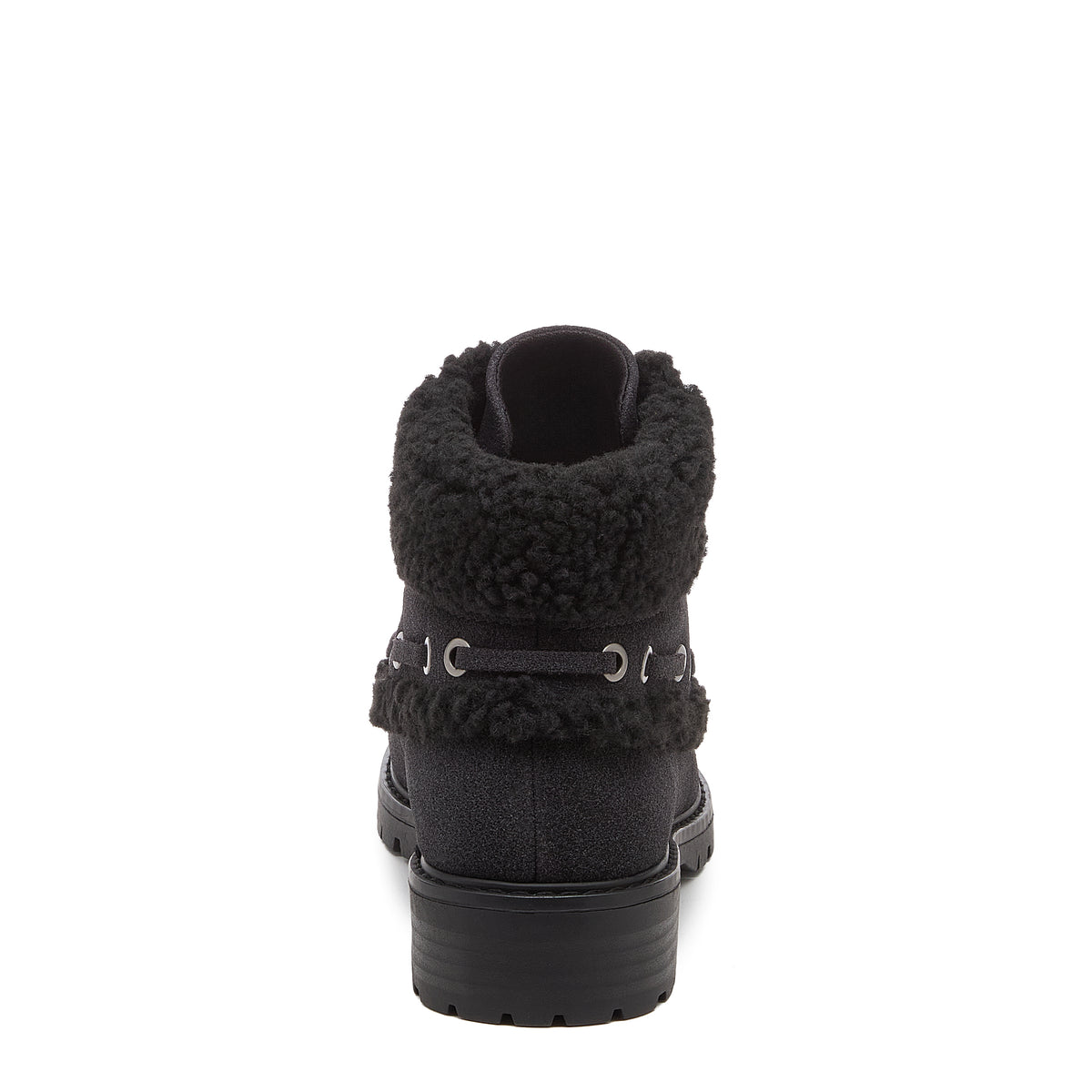 Nixie Black Boots in black, rear view showing furry textured cuff, side lace detail and treaded heel.