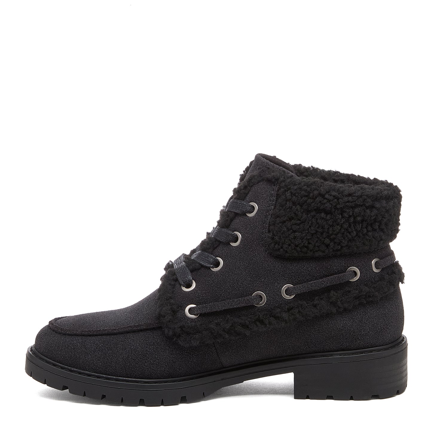 Nixie Black Boots in black, side profile showing ankle boot shape, textured cuff, side lace detail and treaded sole.