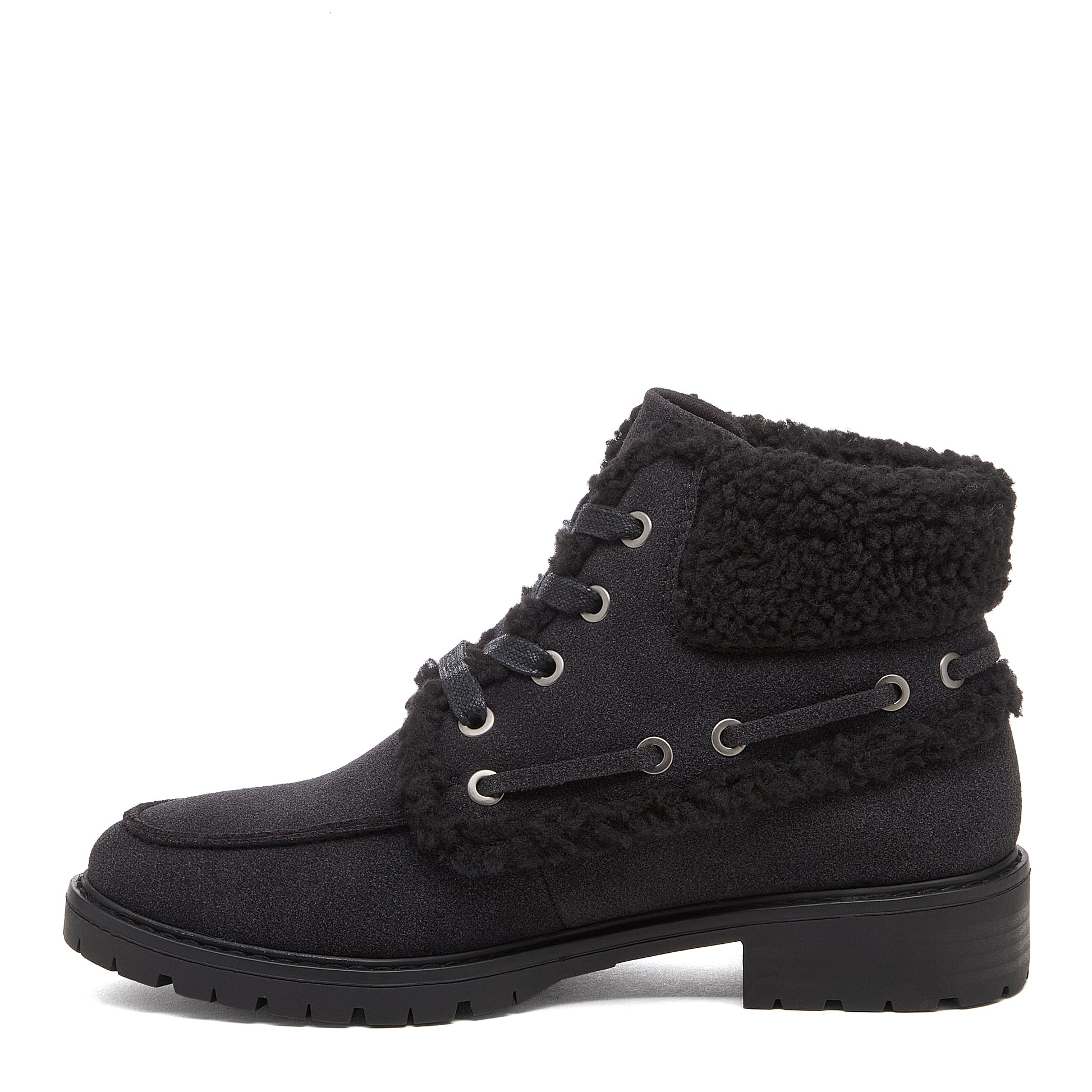 Nixie Black Boots in black, side profile showing ankle boot shape, textured cuff, side lace detail and treaded sole.