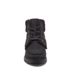 Black Boots in black, front view showing black laces, metal eyelets, furry textured trim and treaded sole.