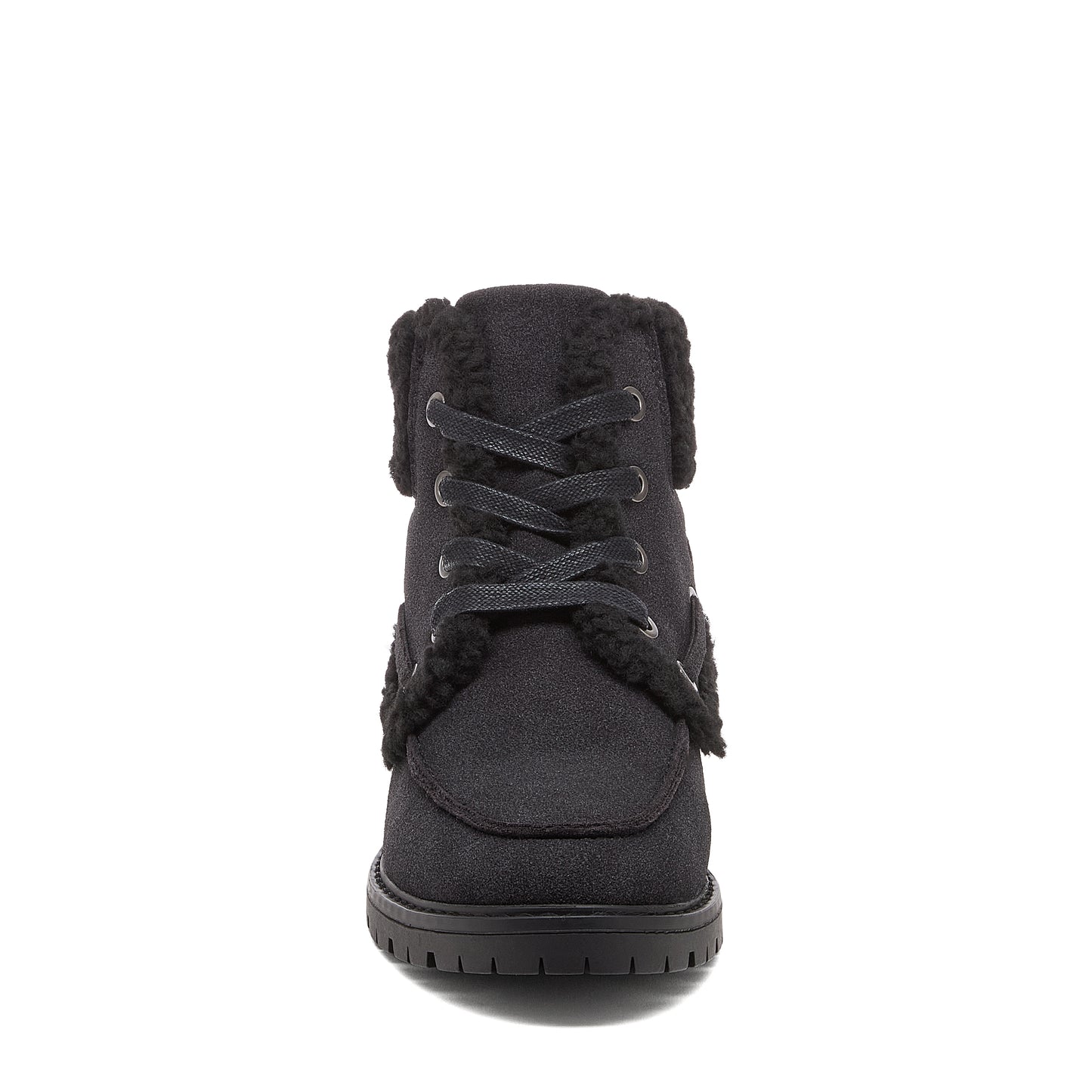 Black Boots in black, front view showing black laces, metal eyelets, furry textured trim and treaded sole.