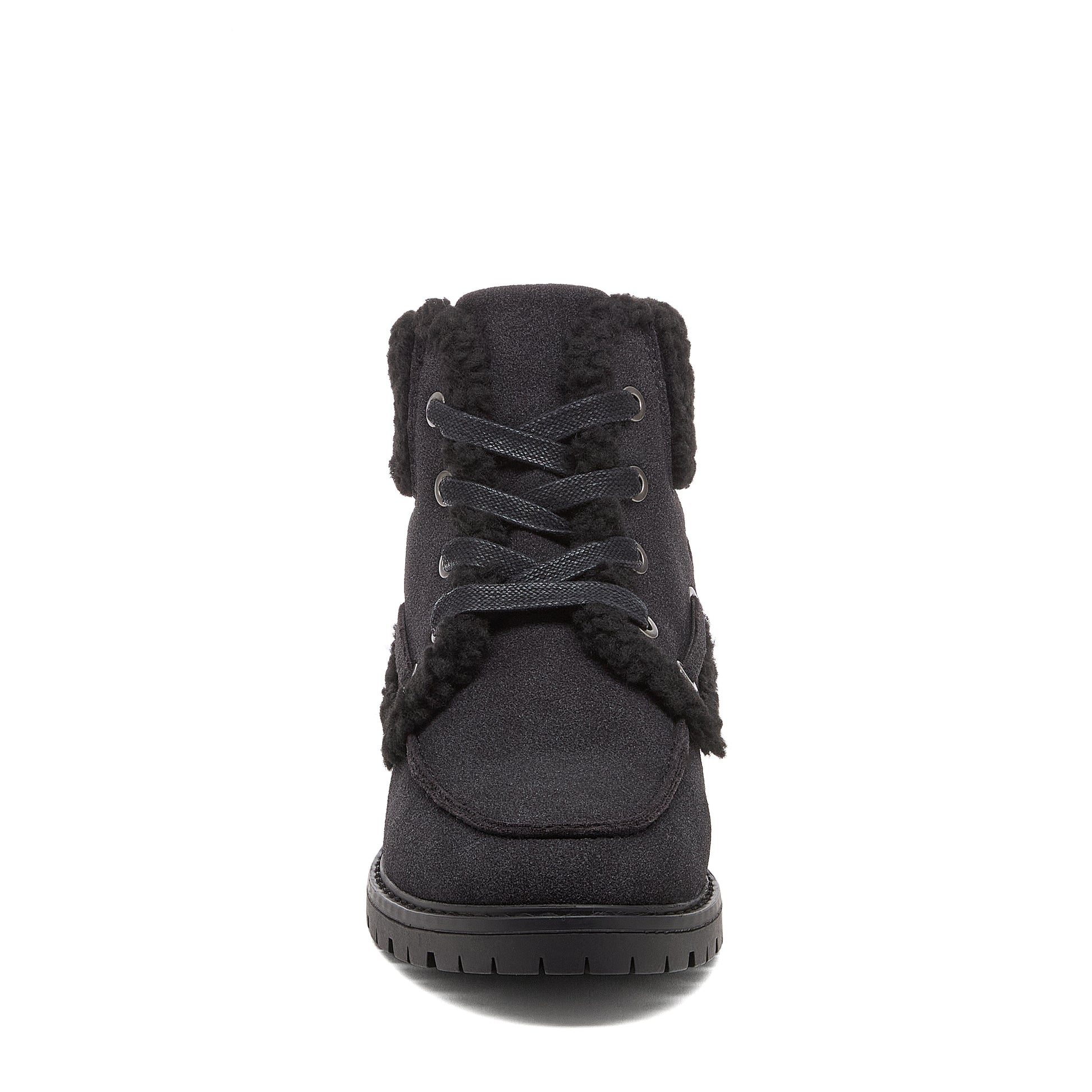 Black Boots in black, front view showing black laces, metal eyelets, furry textured trim and treaded sole.
