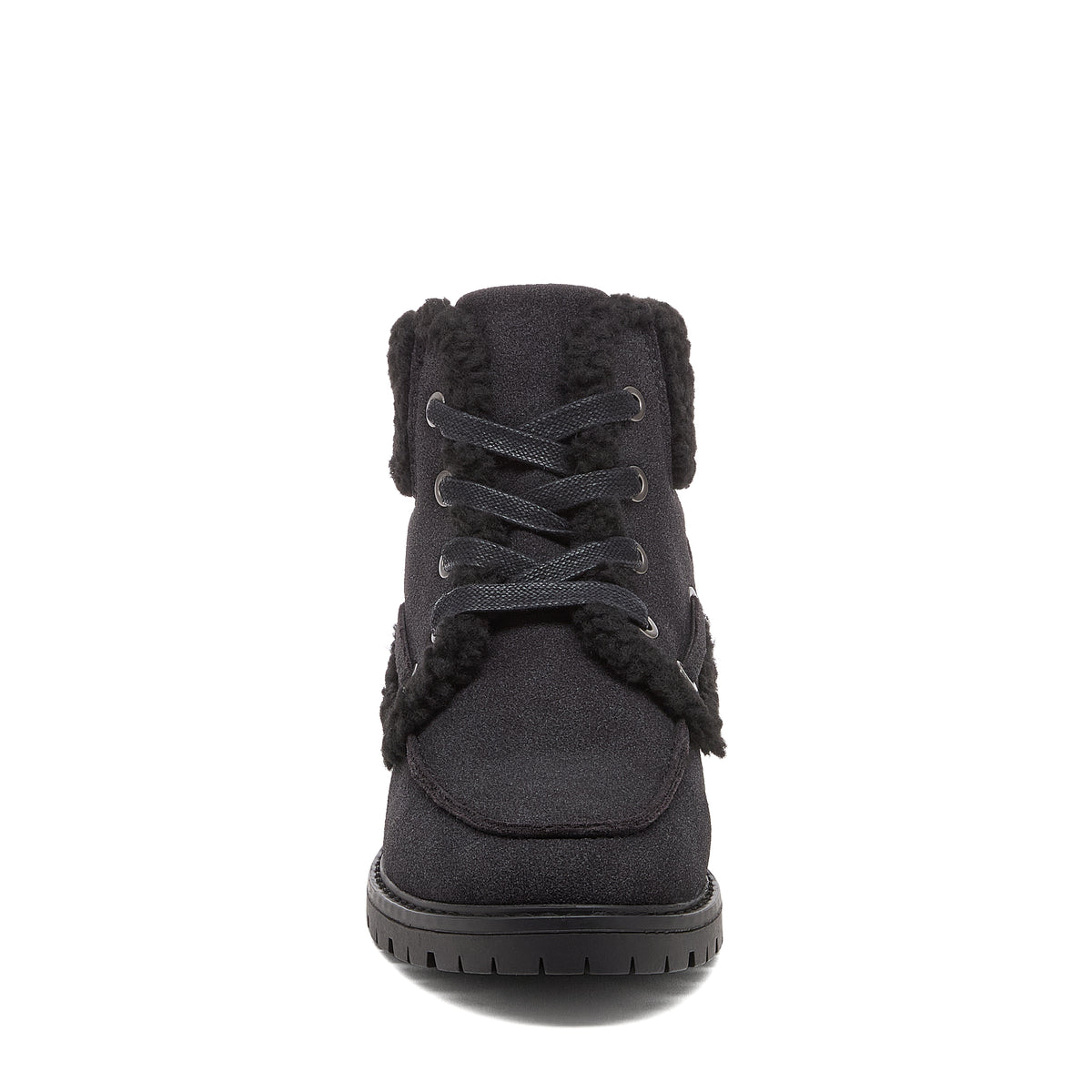 Black Boots in black, front view showing black laces, metal eyelets, furry textured trim and treaded sole.