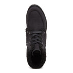 Nixie Black Boots in black, top view showing lace-up front, rounded toe stitching and furry textured cuff.