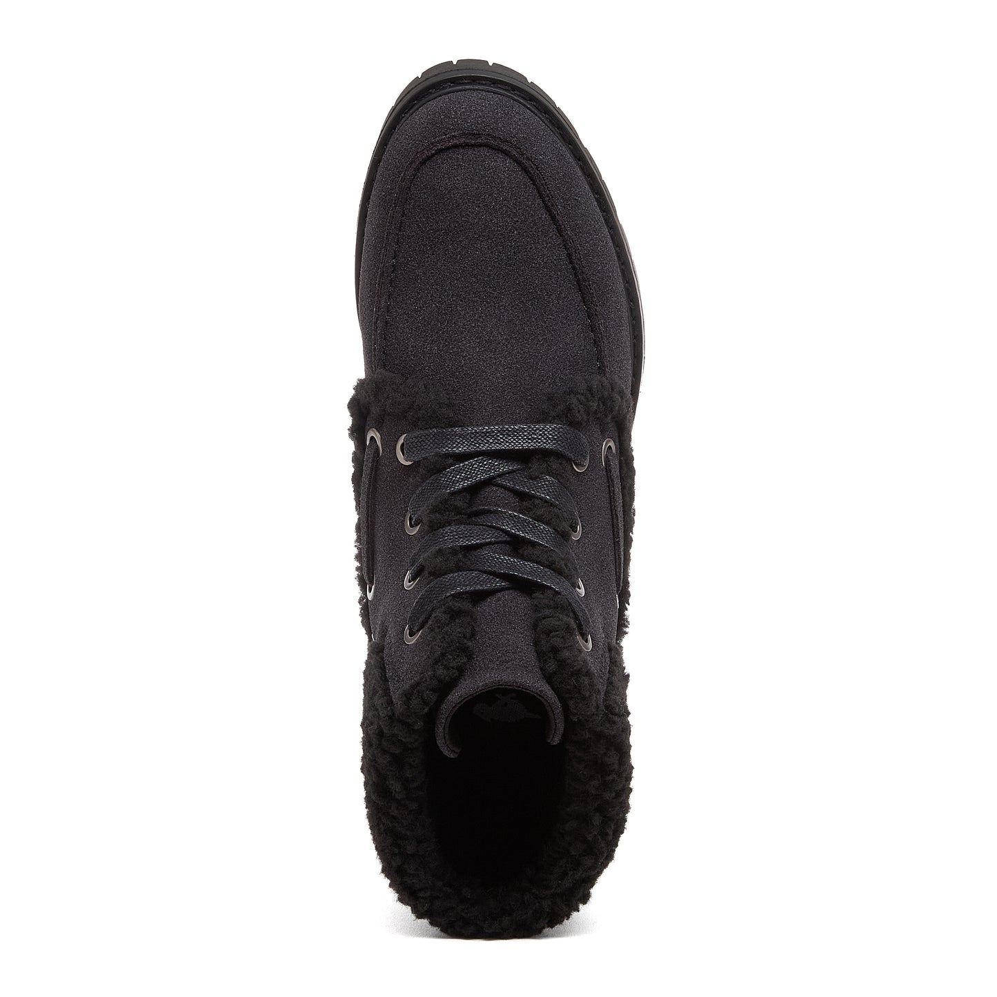Nixie Black Boots in black, top view showing lace-up front, rounded toe stitching and furry textured cuff.