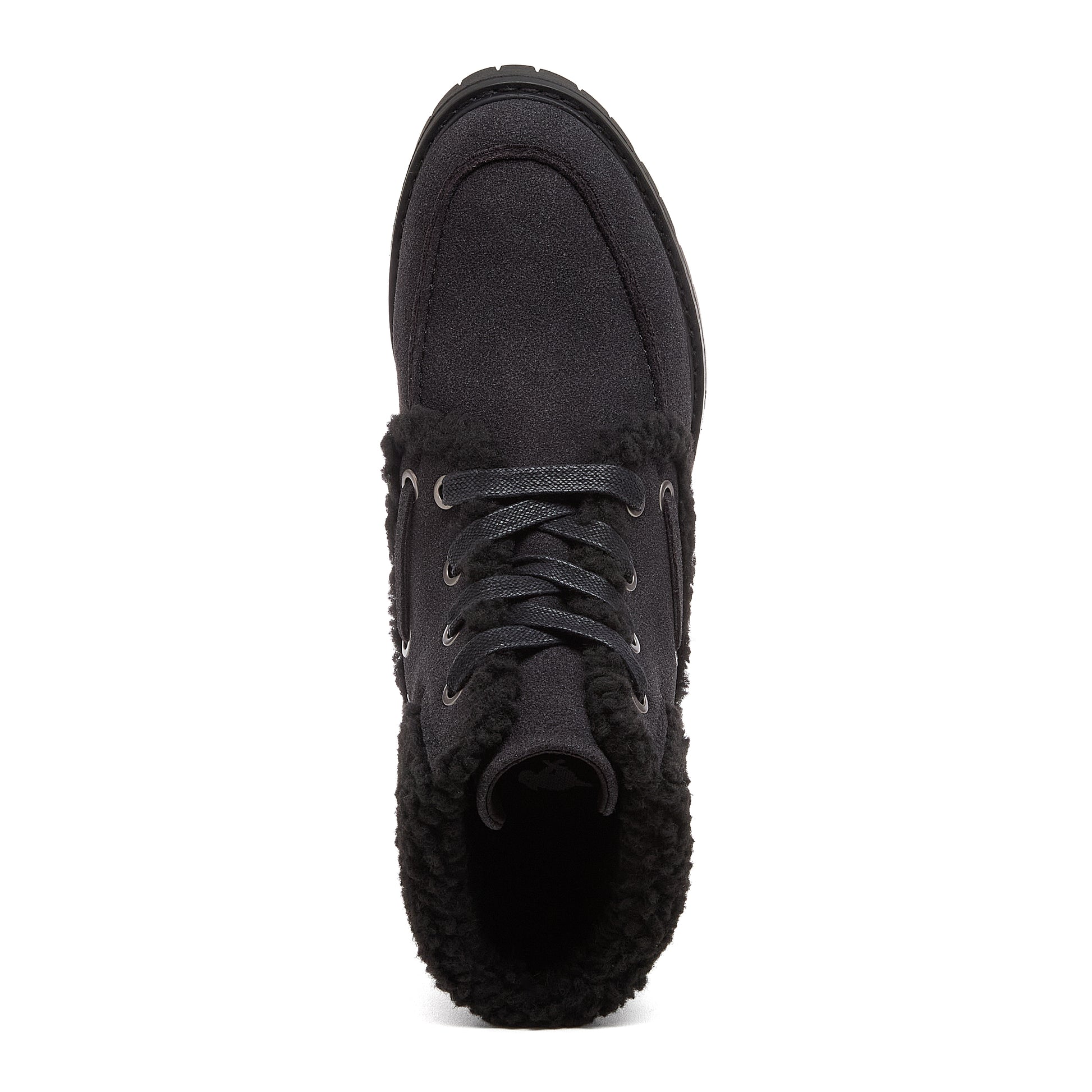 Nixie Black Boots in black, top view showing lace-up front, rounded toe stitching and furry textured cuff.
