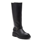 Parker Black Knee High Boots black boots front angle showing buckle strap and chunky treaded sole
