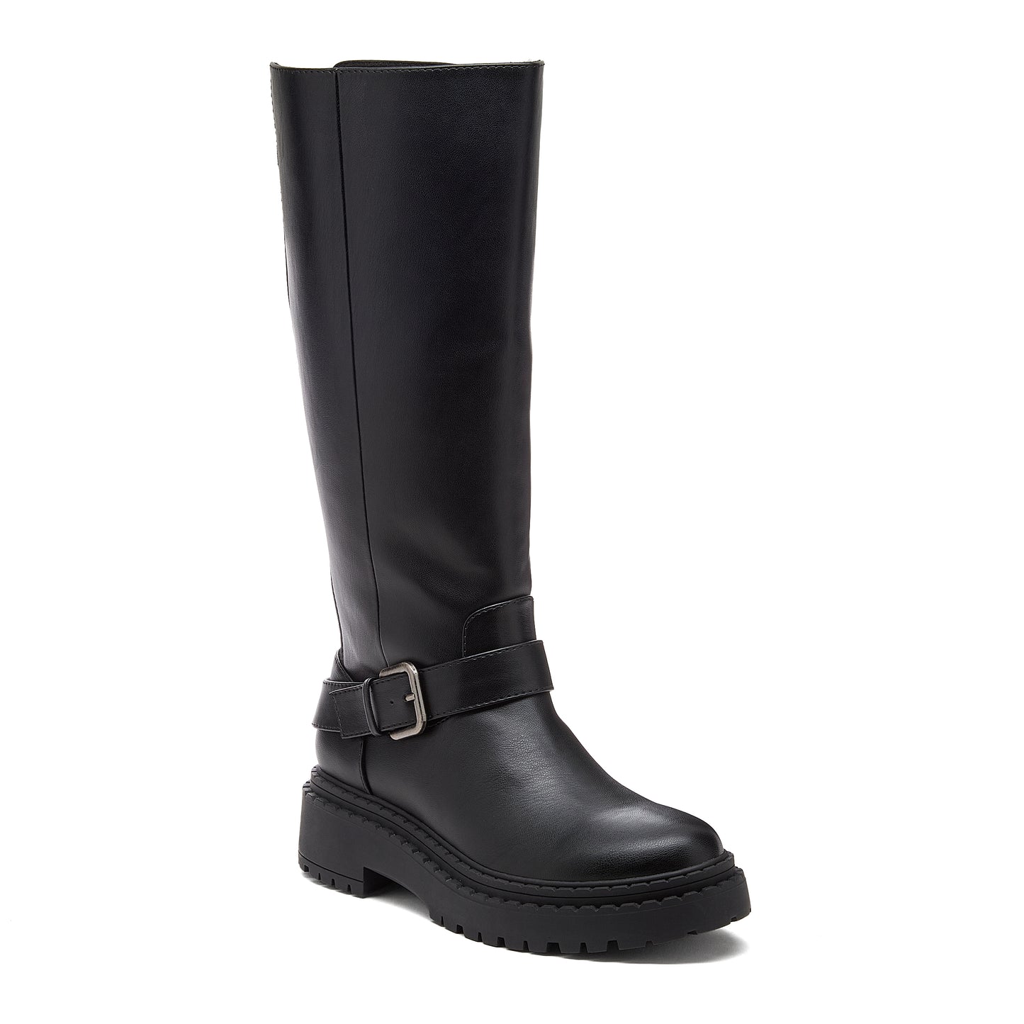 Parker Black Knee High Boots black boots front angle showing buckle strap and chunky treaded sole