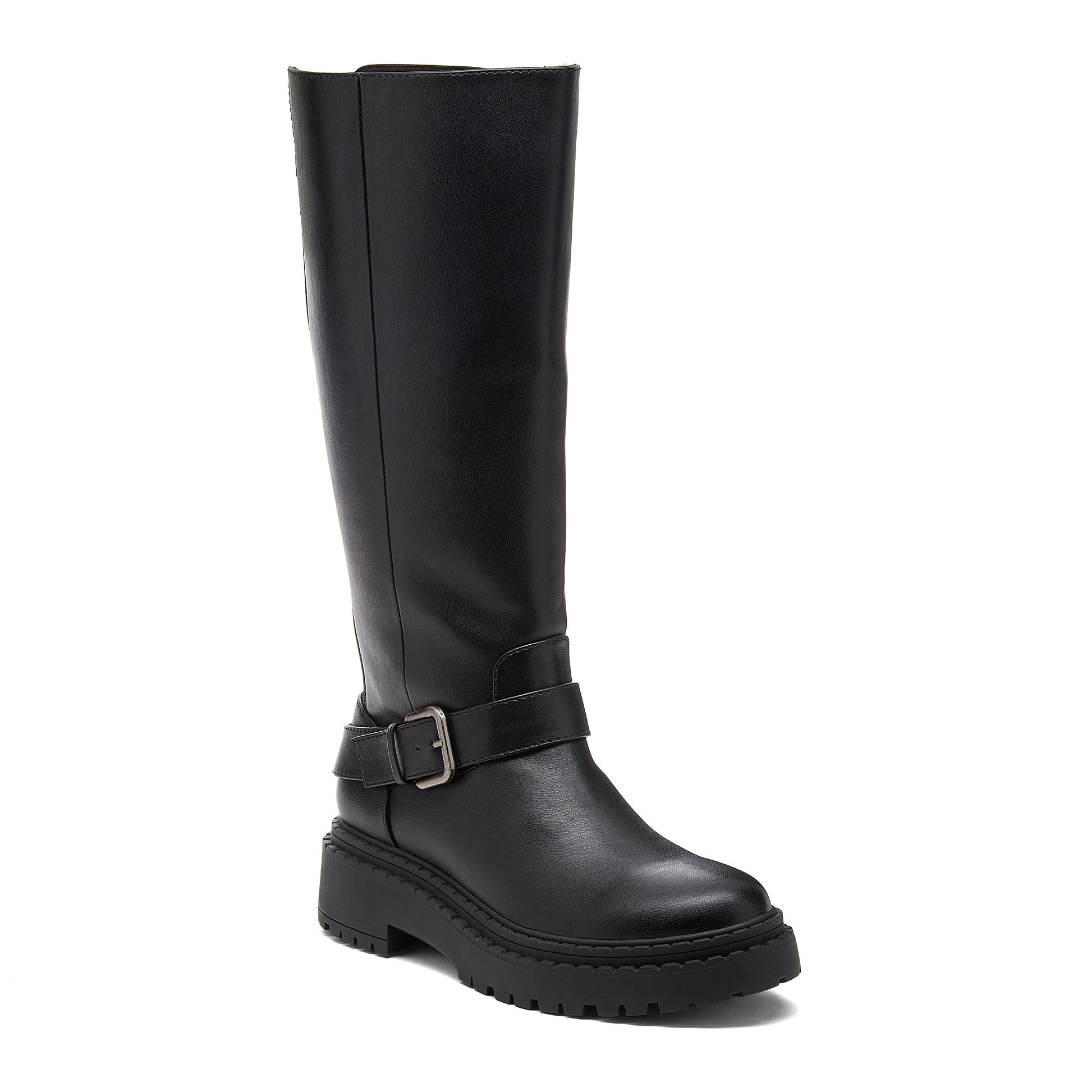 Parker Black Knee High Boots black boots front angle showing buckle strap and chunky treaded sole