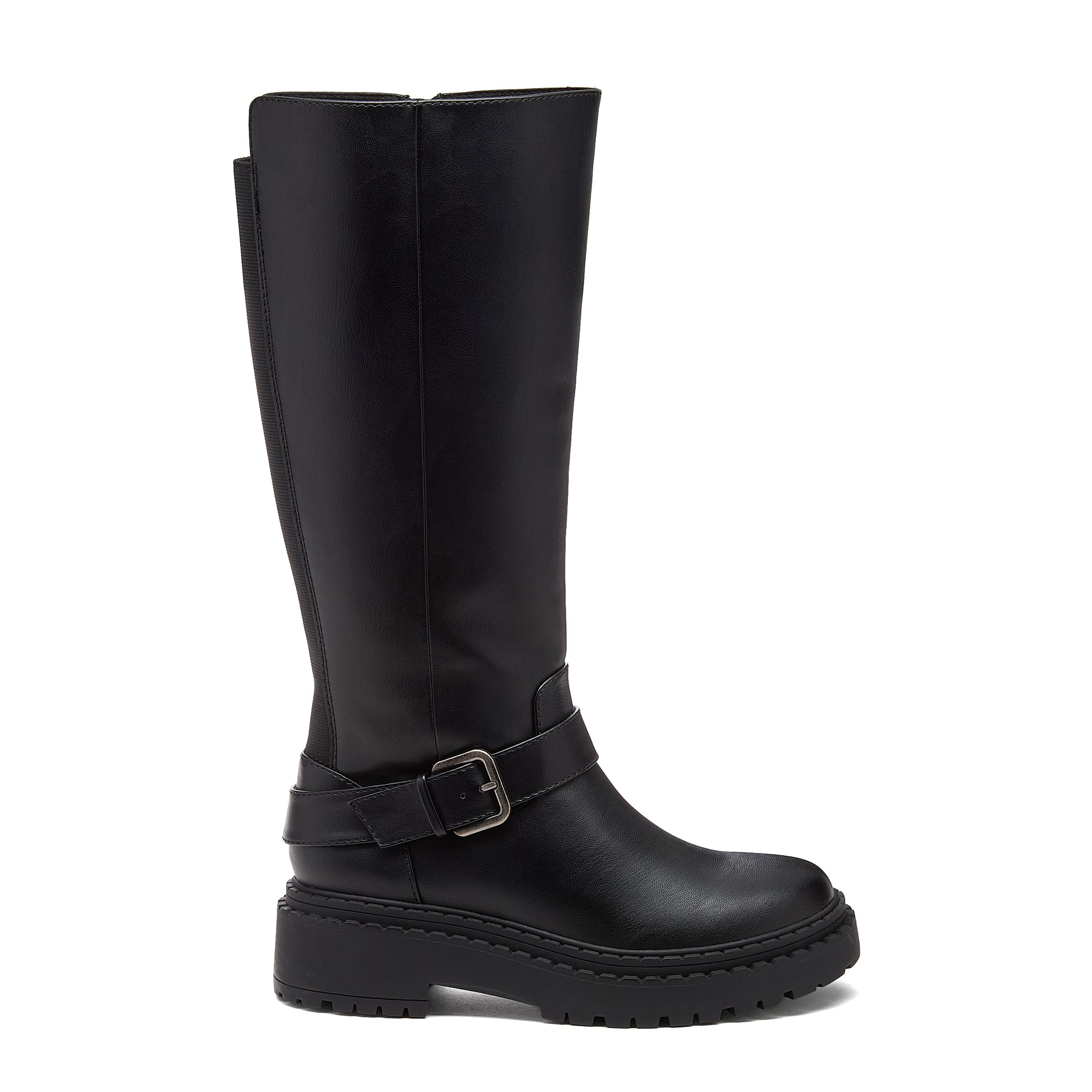 Parker Black Knee High Boots black boots side view showing buckle detail, tall shaft and treaded sole