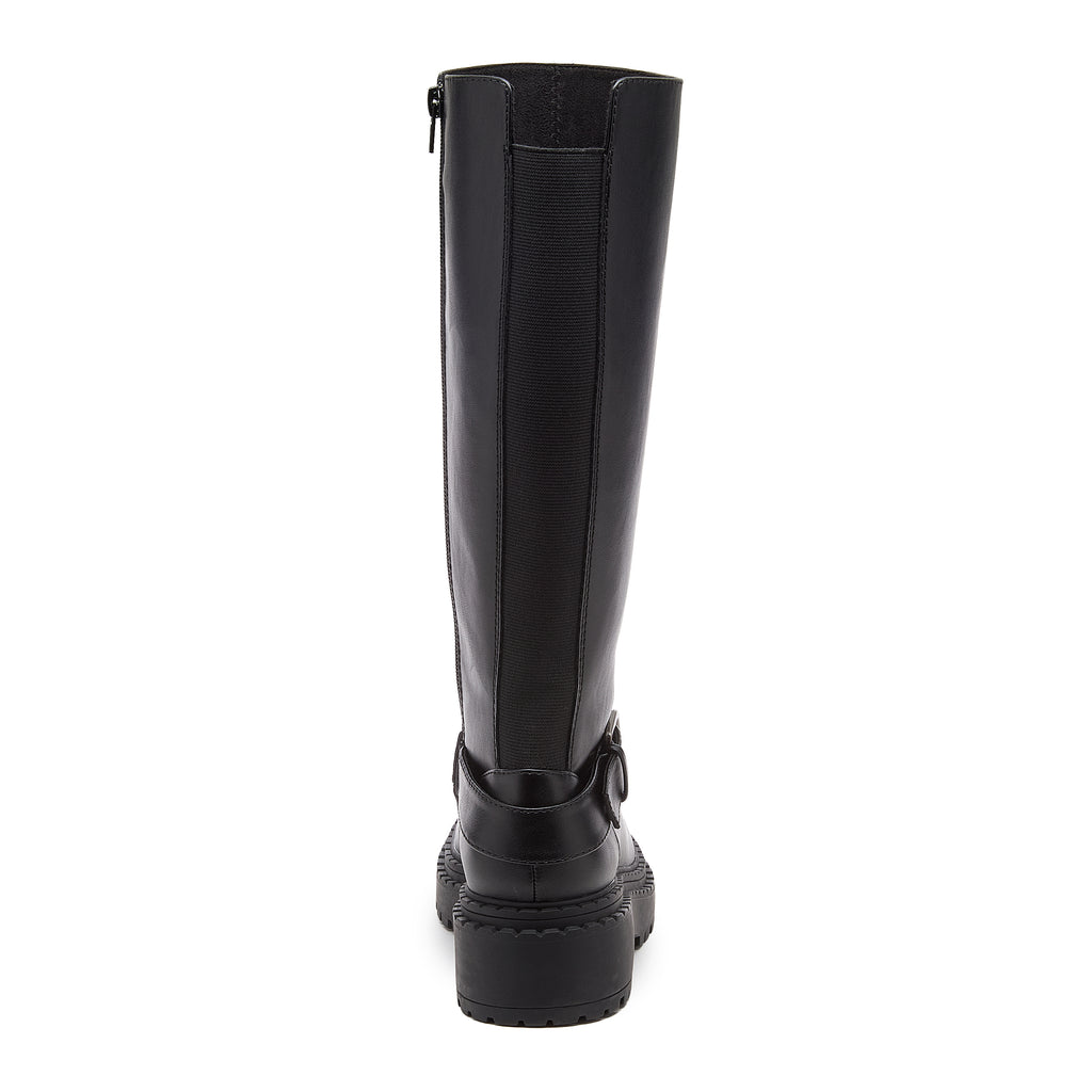 Parker Black Knee High Boots black boots back view showing rear stretch panel, buckle strap and block heel