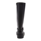 Parker Black Knee High Boots black boots back view showing rear stretch panel, buckle strap and block heel