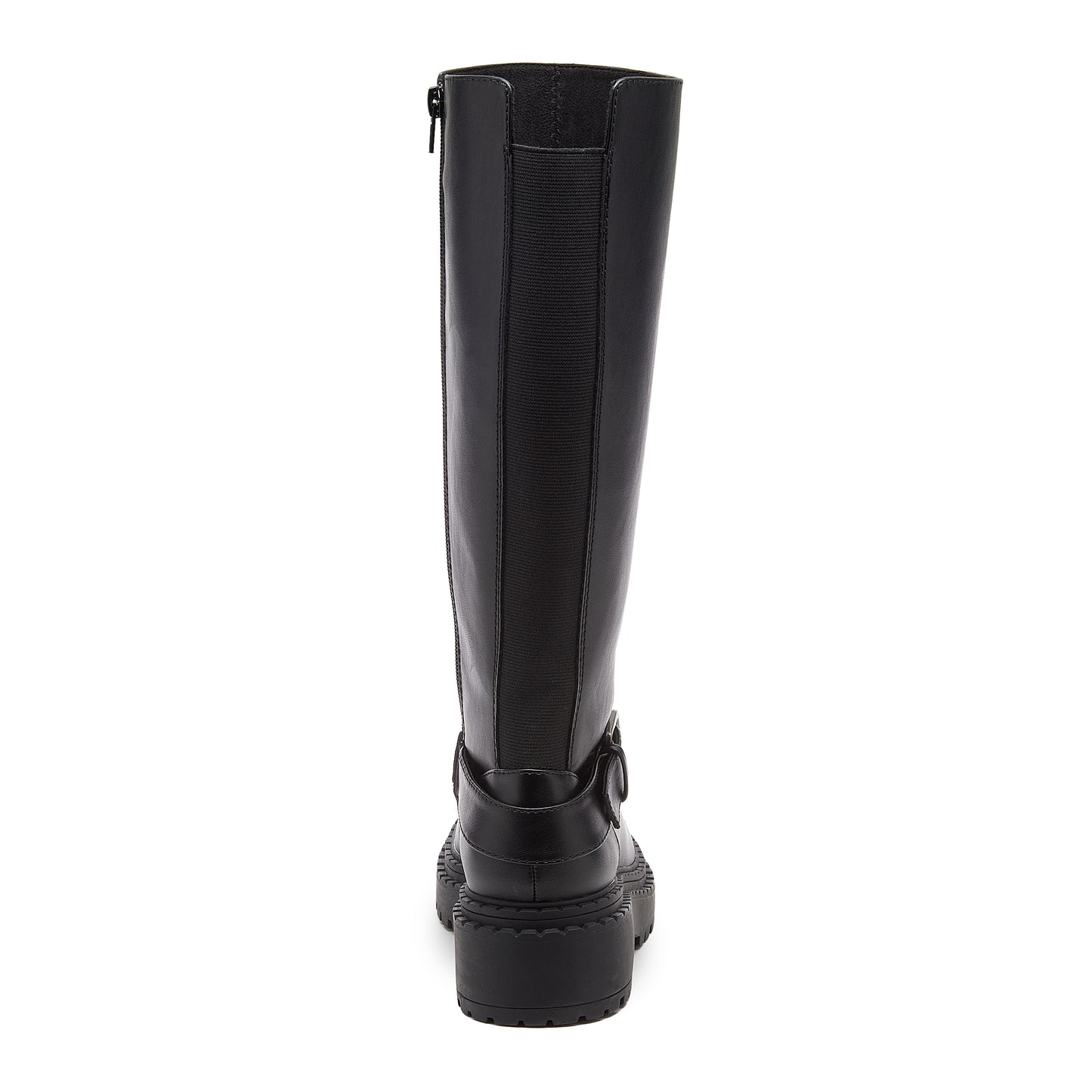 Parker Black Knee High Boots black boots back view showing rear stretch panel, buckle strap and block heel