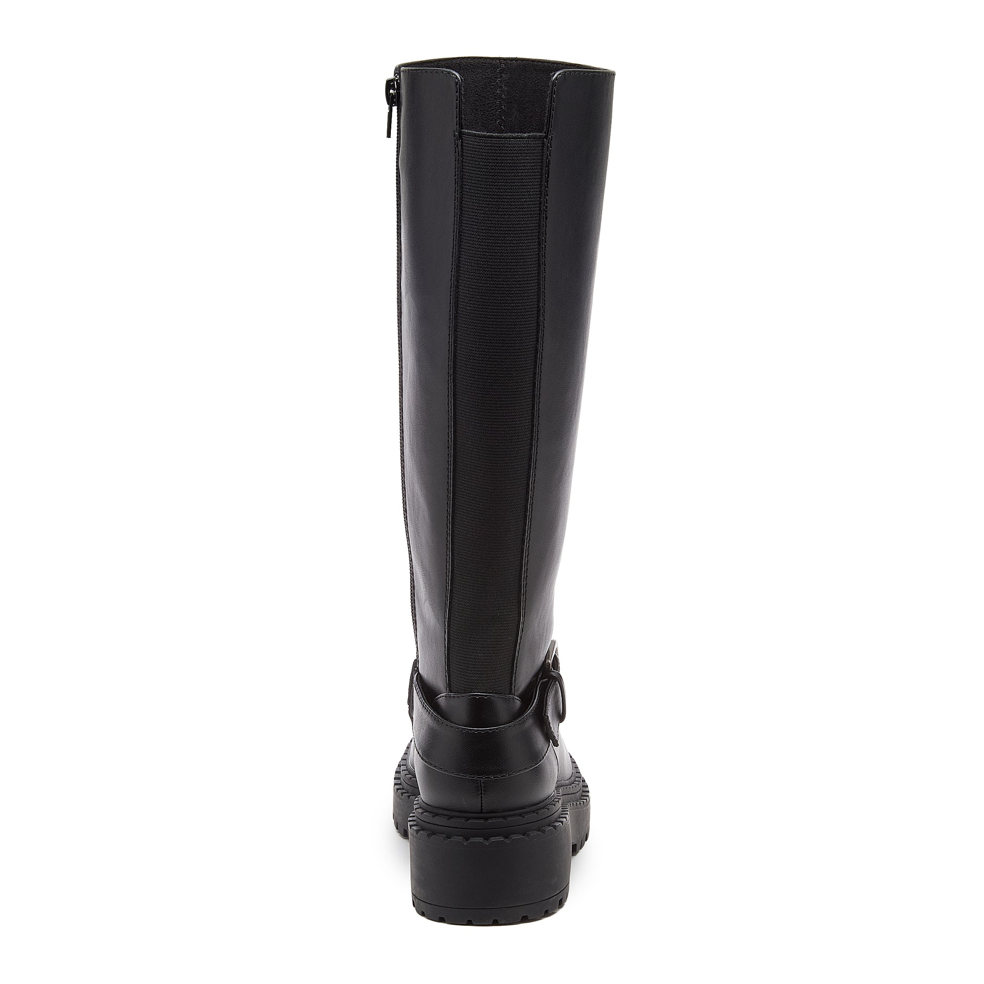 Parker Black Knee High Boots black boots back view showing rear stretch panel, buckle strap and block heel